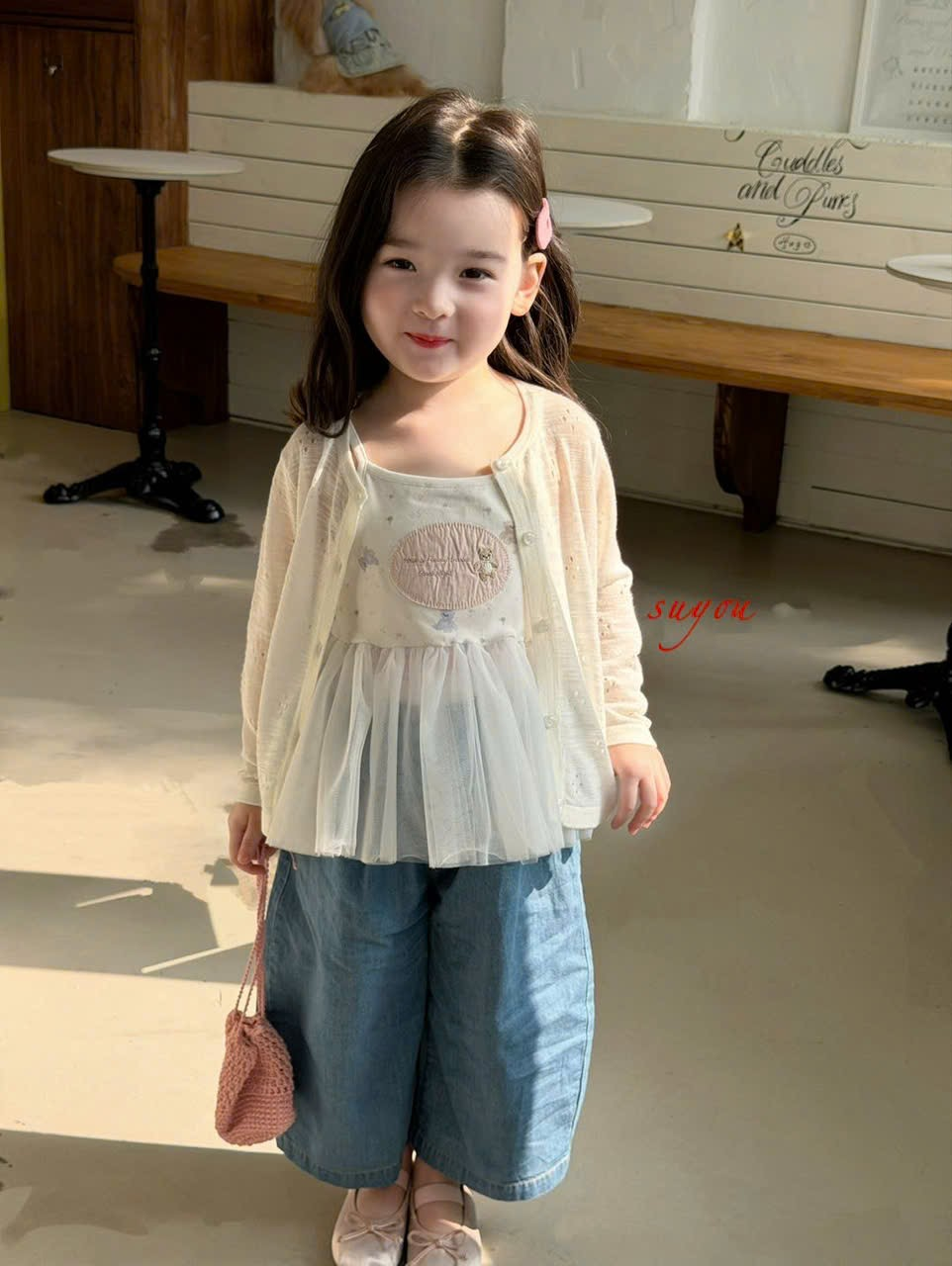 SU50 - Áo thun phối voan bèo màu kem hãng Suyou