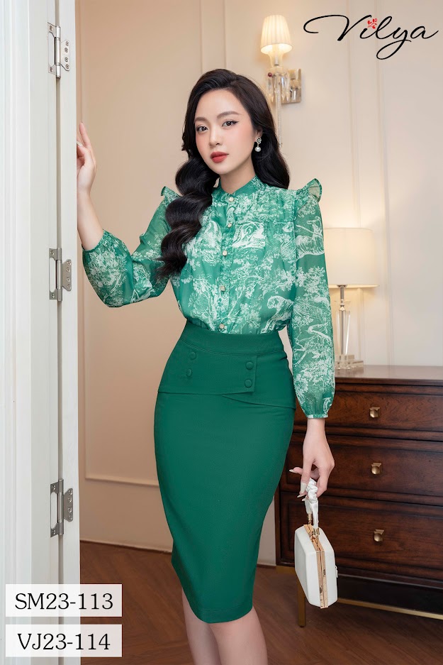 Áo tơ họa tiết xanh lá