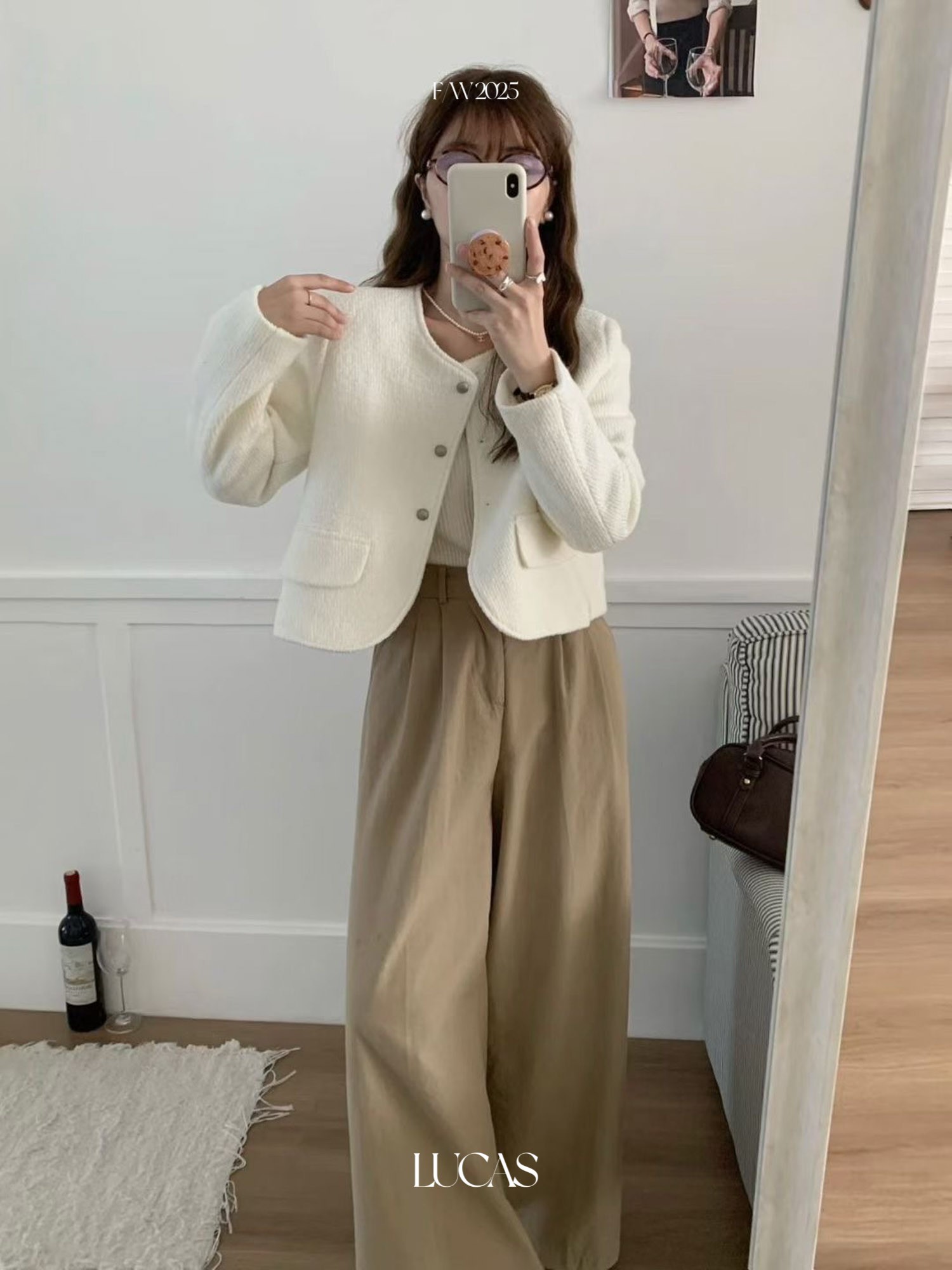 Lucas - Áo dạ tweed trơn basic cổ tròn cúc kim loại ốp nắp túi Simida vải gân chéo