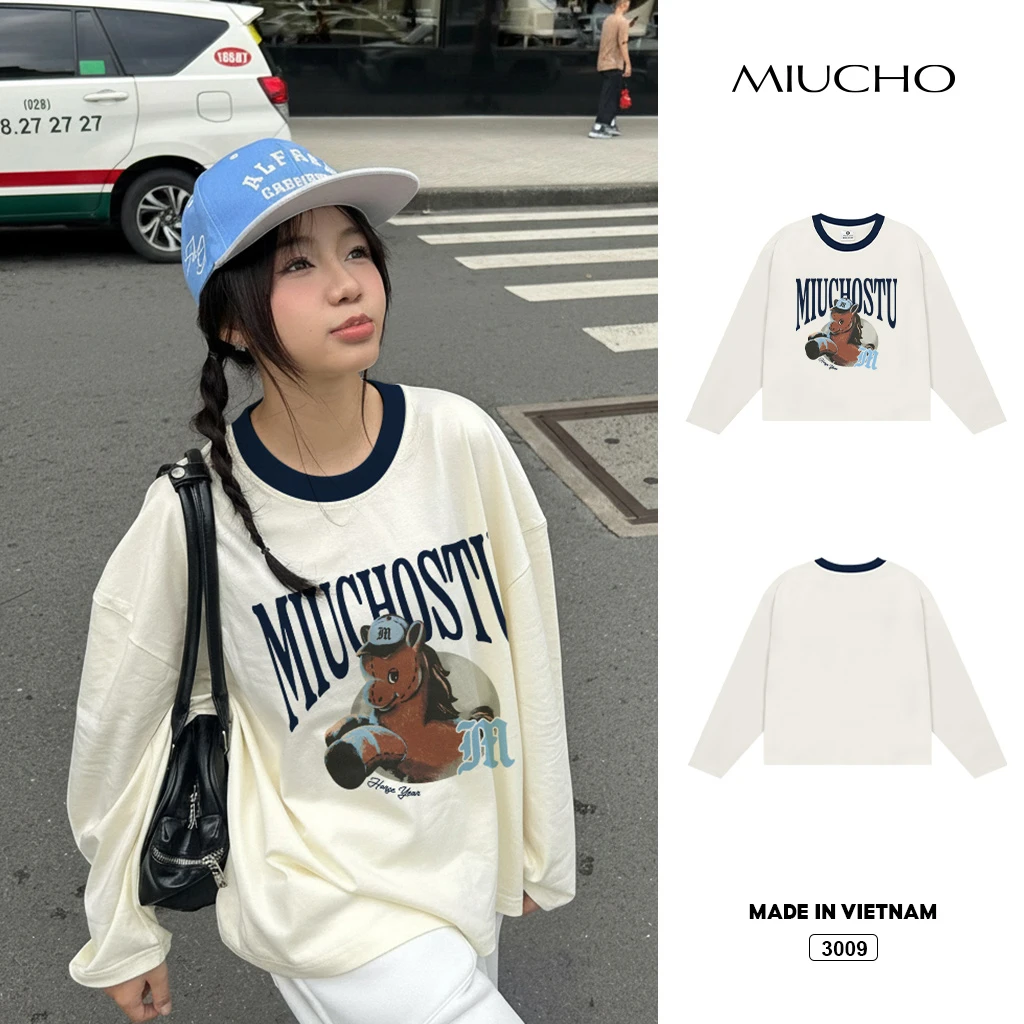 Áo thun Tết Bính Ngọ boxy tay dài phối cổ dễ thương Miucho vải dày dặn thoáng mát 3009