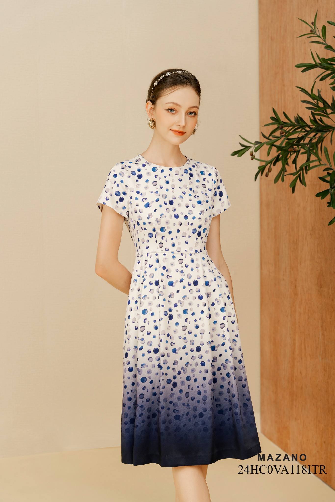 Váy Đầm Ôm Vải thô lụa Hoạ tiết chấm bi cách điệu in ombre Cổ tròn Tay ngắn Dài trên bắp chân_thumbnail_2