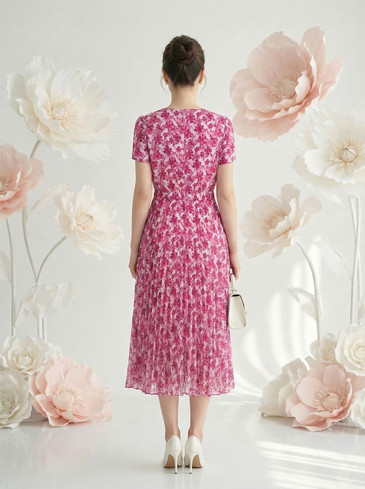 Đầm voan dày in hoa dáng ôm chân dập ly cổ tròn tay ngắn thiết kế MAZANO_thumbnail_4