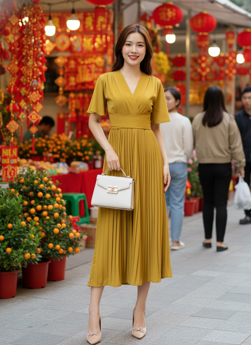 Váy xòe xếp ly cổ V tay cánh tiên_thumbnail_9