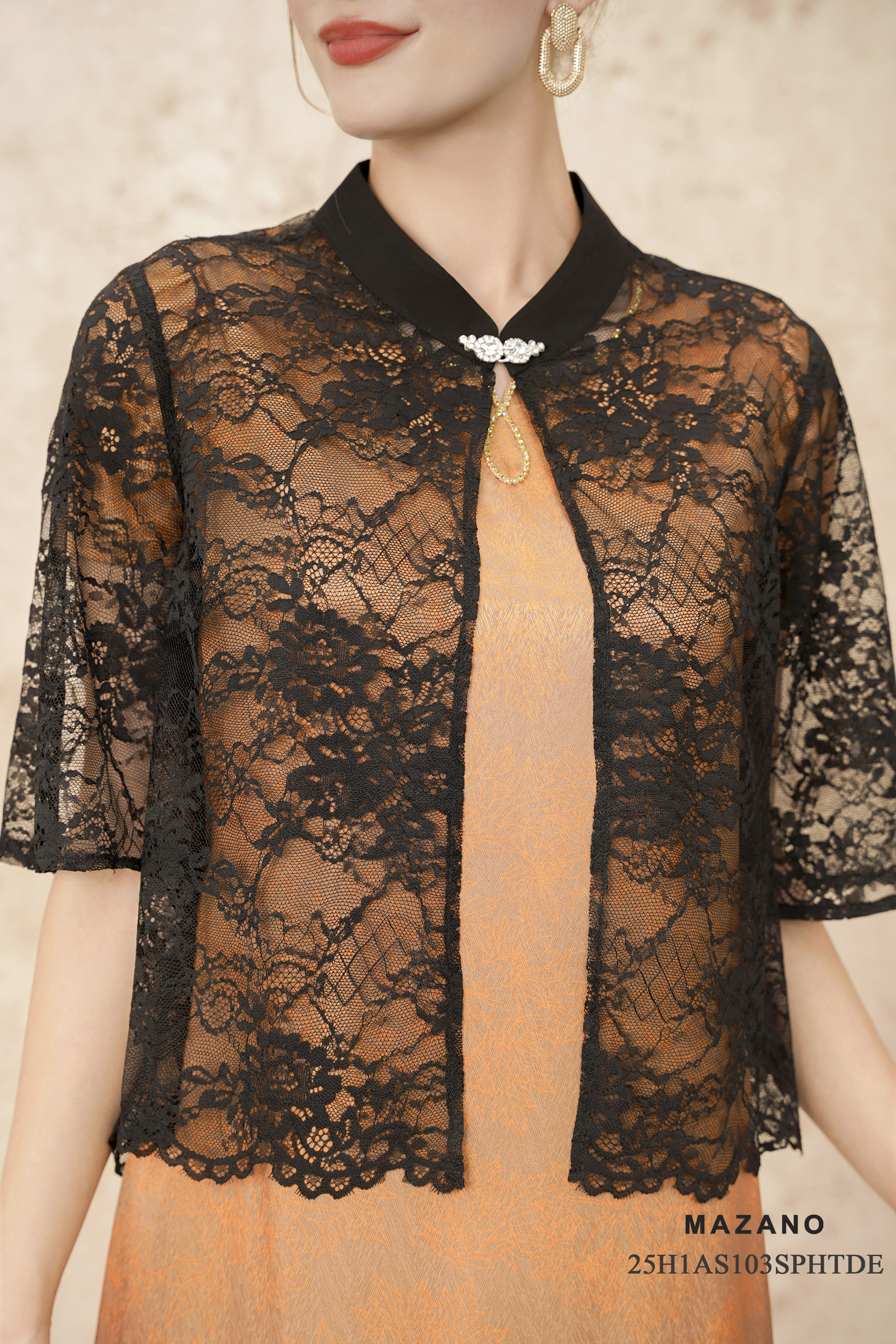 Áo Cadigan suông Vải ren mỏng Cổ tàu cách điệu Tay lỡ Dài áo qua eo_thumbnail_4