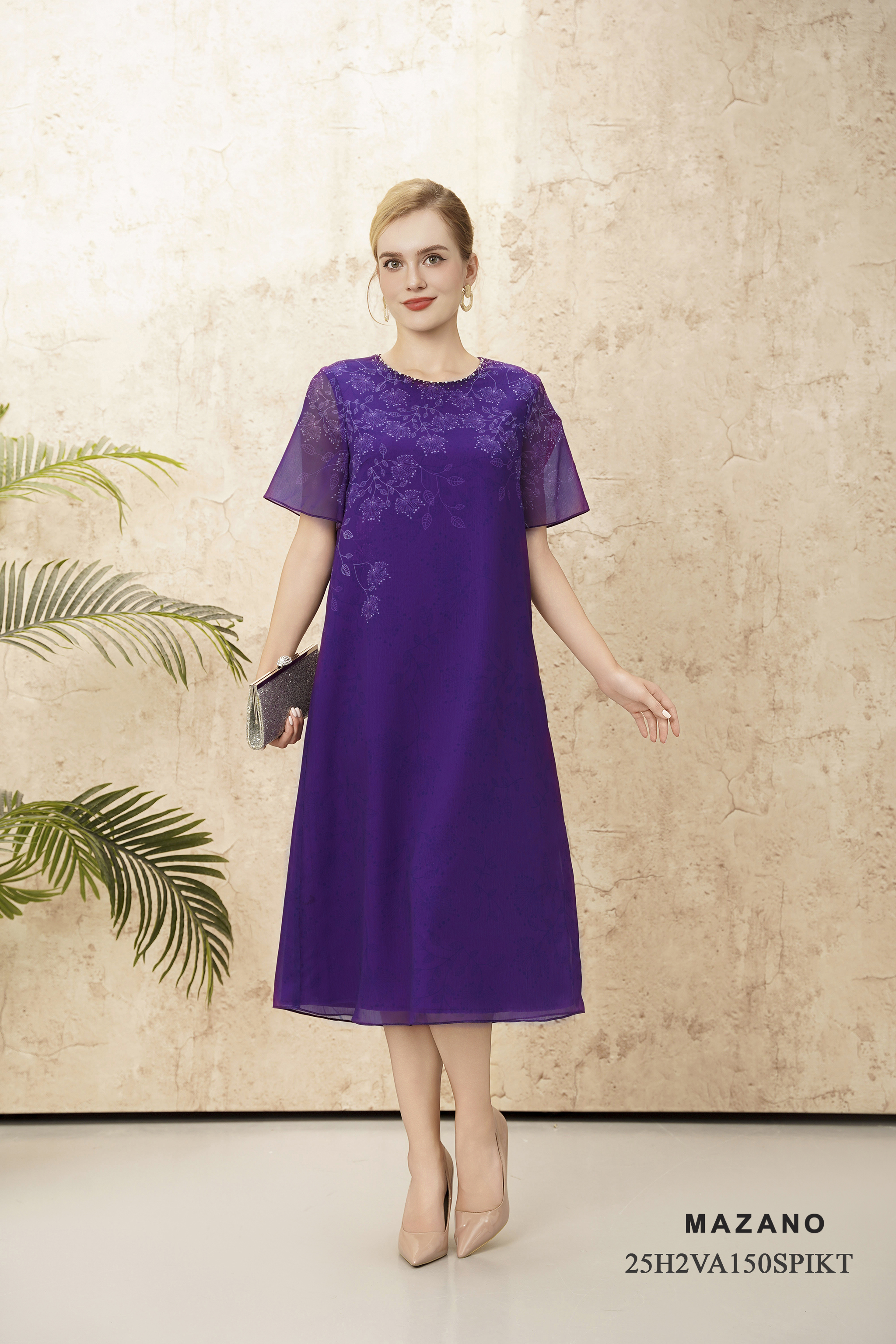 Váy Đầm suông A  Vải voan mỏng Đính trang trí Cổ tròn Tay ngắn Dài váy ngang bắp