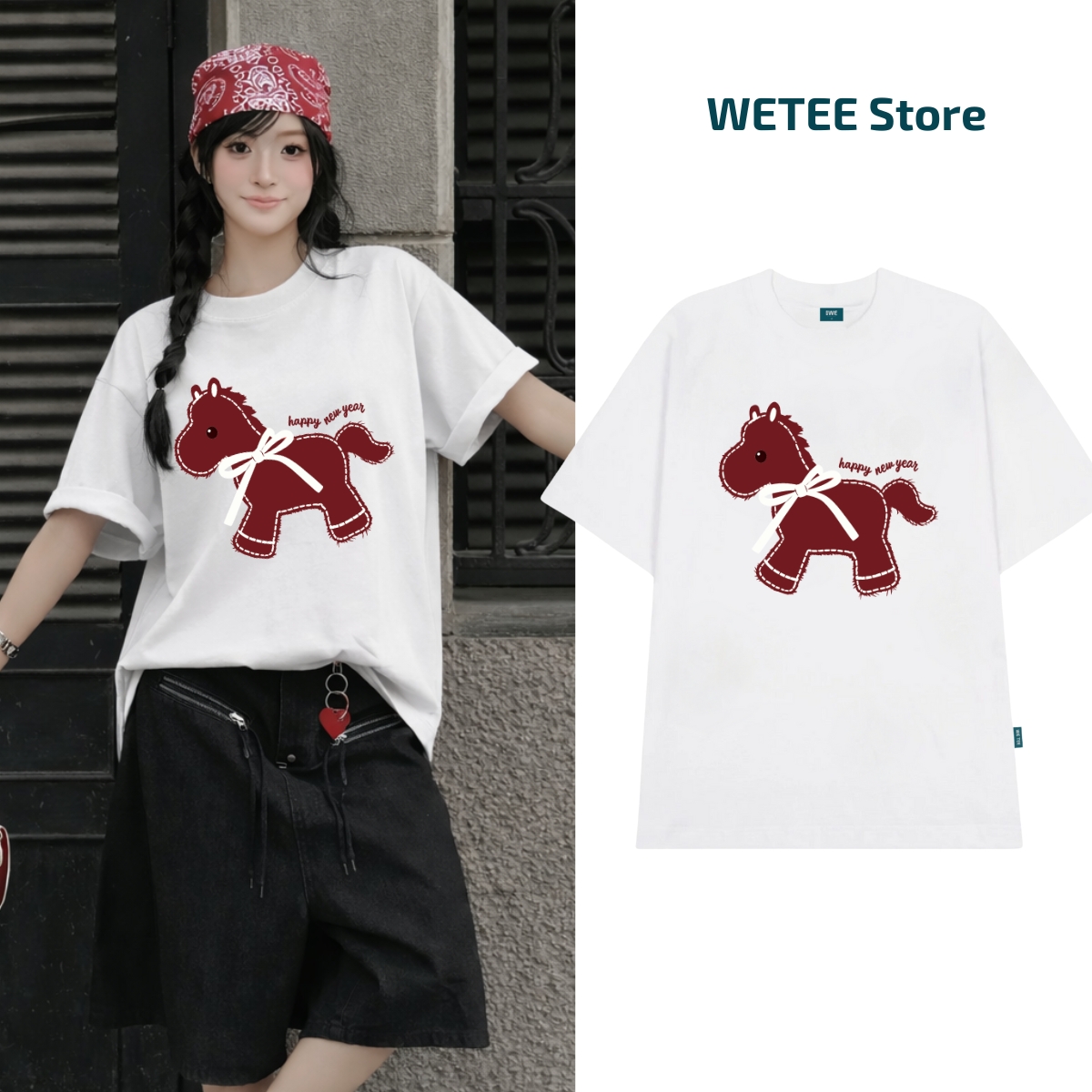 Áo thun unisex UX30-1129 hình Ngựa Happy New Year dáng oversized WETEE_thumbnail_2