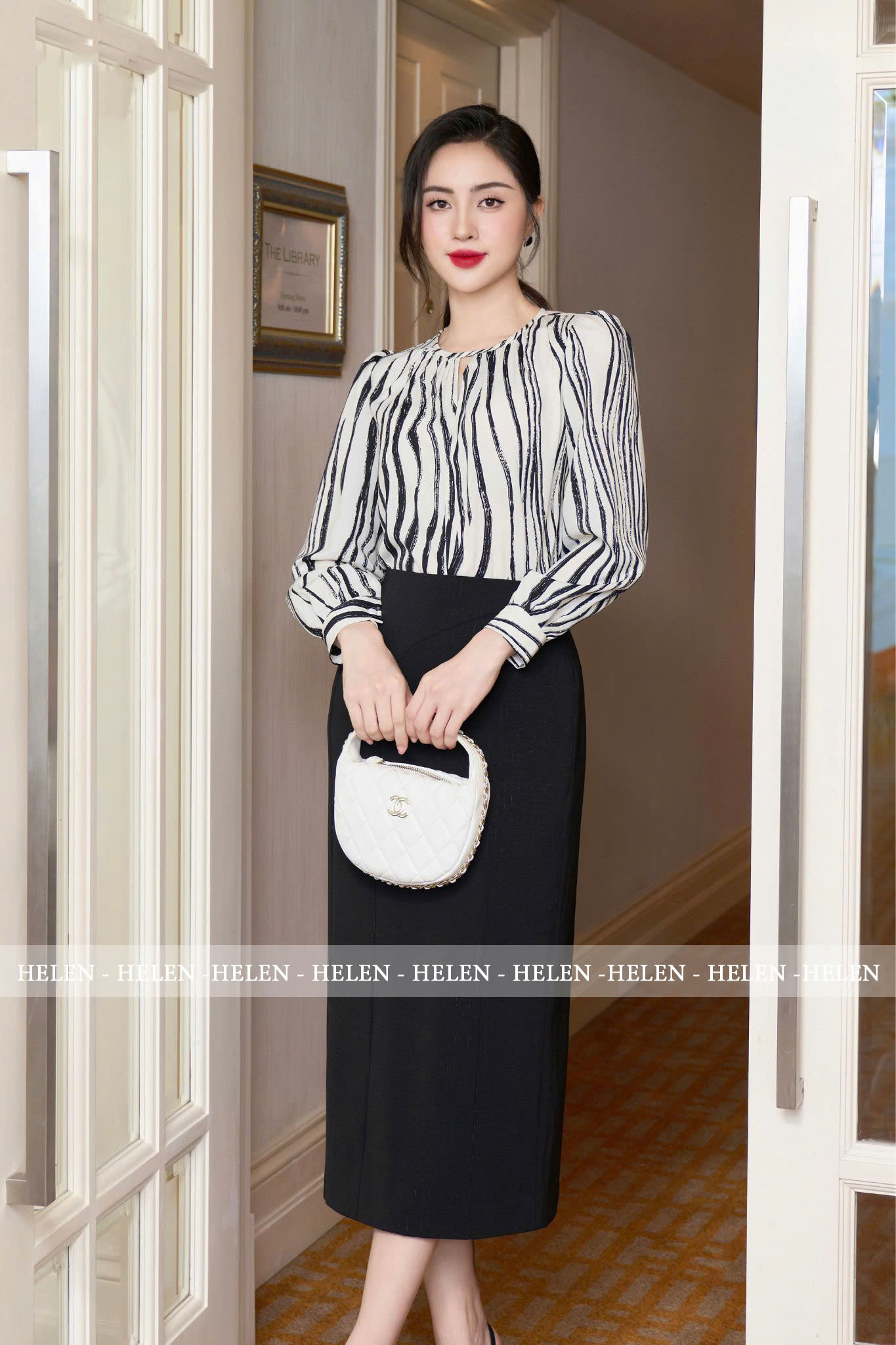 Đầm ôm họa tiết đen trắng phối chân đen tay dài DL221