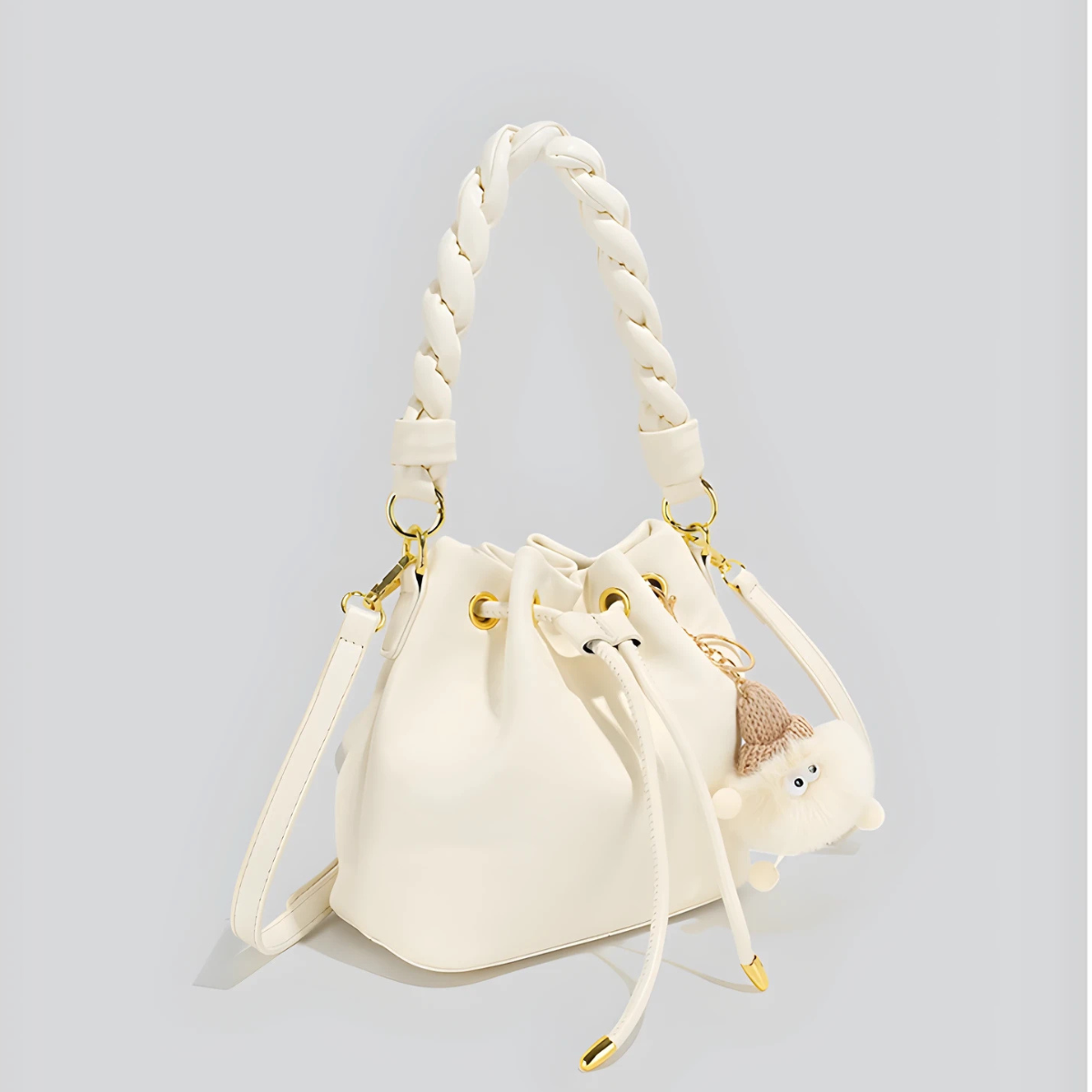 UHE Moon Puff 2509 – túi bucket da cao cấp, quai xoắn thời trang, charm bông xinh xắn, 3 màu hồng - trắng kem - xám bạc_thumbnail_4