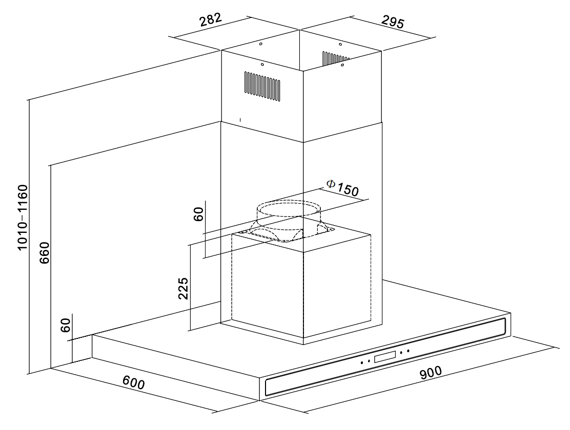 Kích thước lắp đặt của máy hút mùi Kaff KF-IS991GH