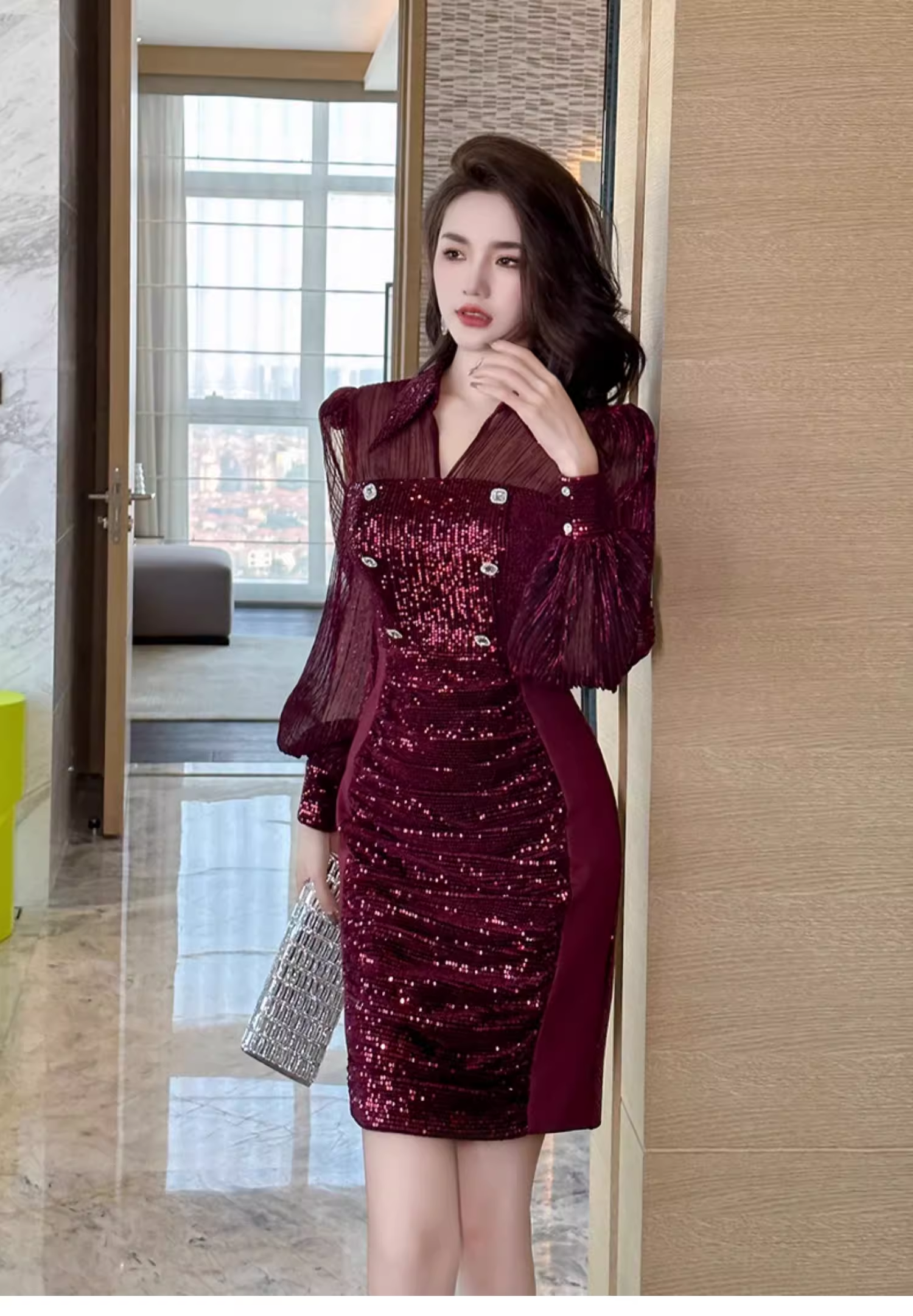 16026-Đầm body kim sa đỏ  đô phối tay voan dài ( thun kimsa, von ánh kim)_thumbnail_3