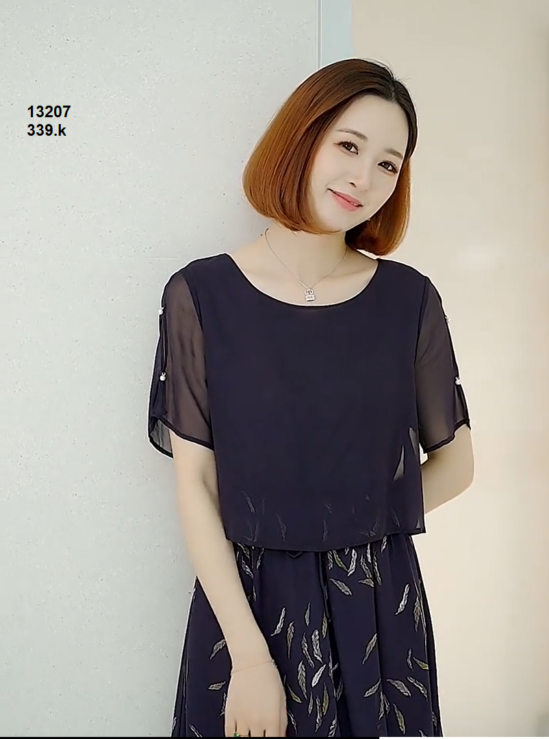 13207-Đầm xòe cổ tròn giả áo rời in họa tiết lông vũ_thumbnail_1