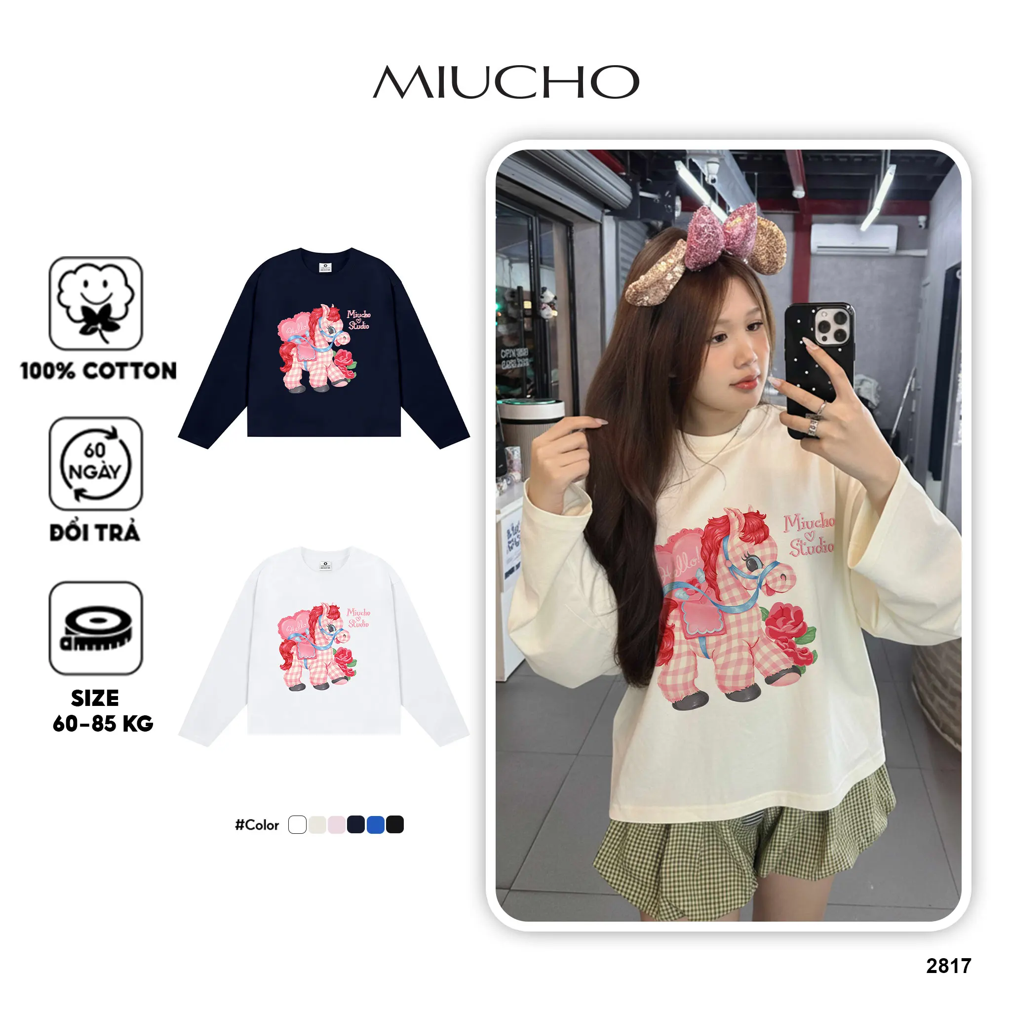 Áo thun nữ form boxy Miucho basic cotton thoáng mát thoải mái ngựa hồng in mix 2817