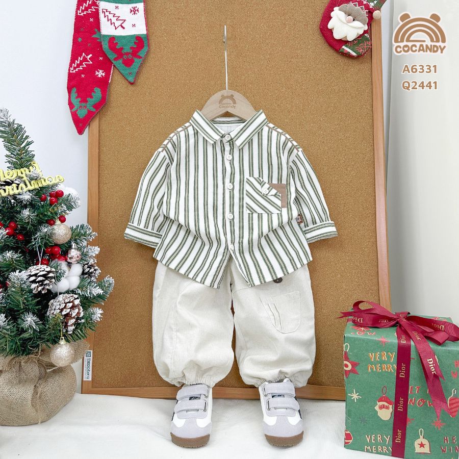 Áo dài BE sọc XLÁ túi ngực phối NÂU_thumbnail_2