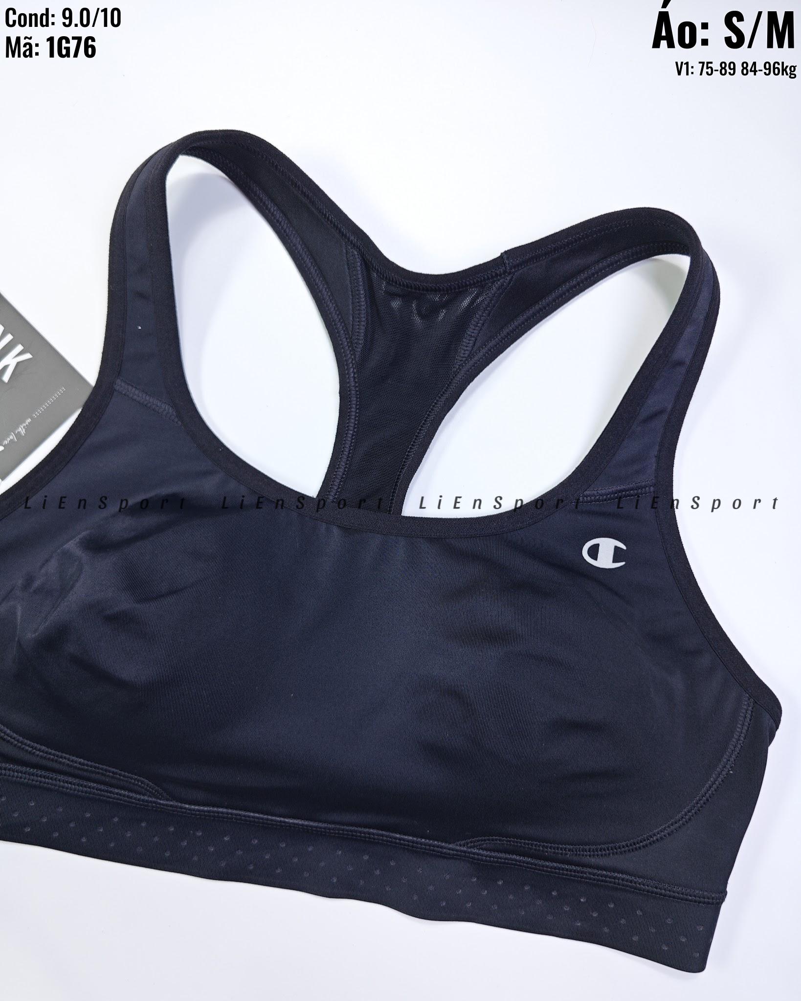 Champion Áo bra thể thao lưng chữ X Nữ Size S Đen Auth 2nd Vải co giãn thấm hút mồ hôi Ôm sát hỗ trợ tốt Logo ép nhiệt Phù hợp tập gym yoga chạy bộ (S, M ) - Mã:1G76