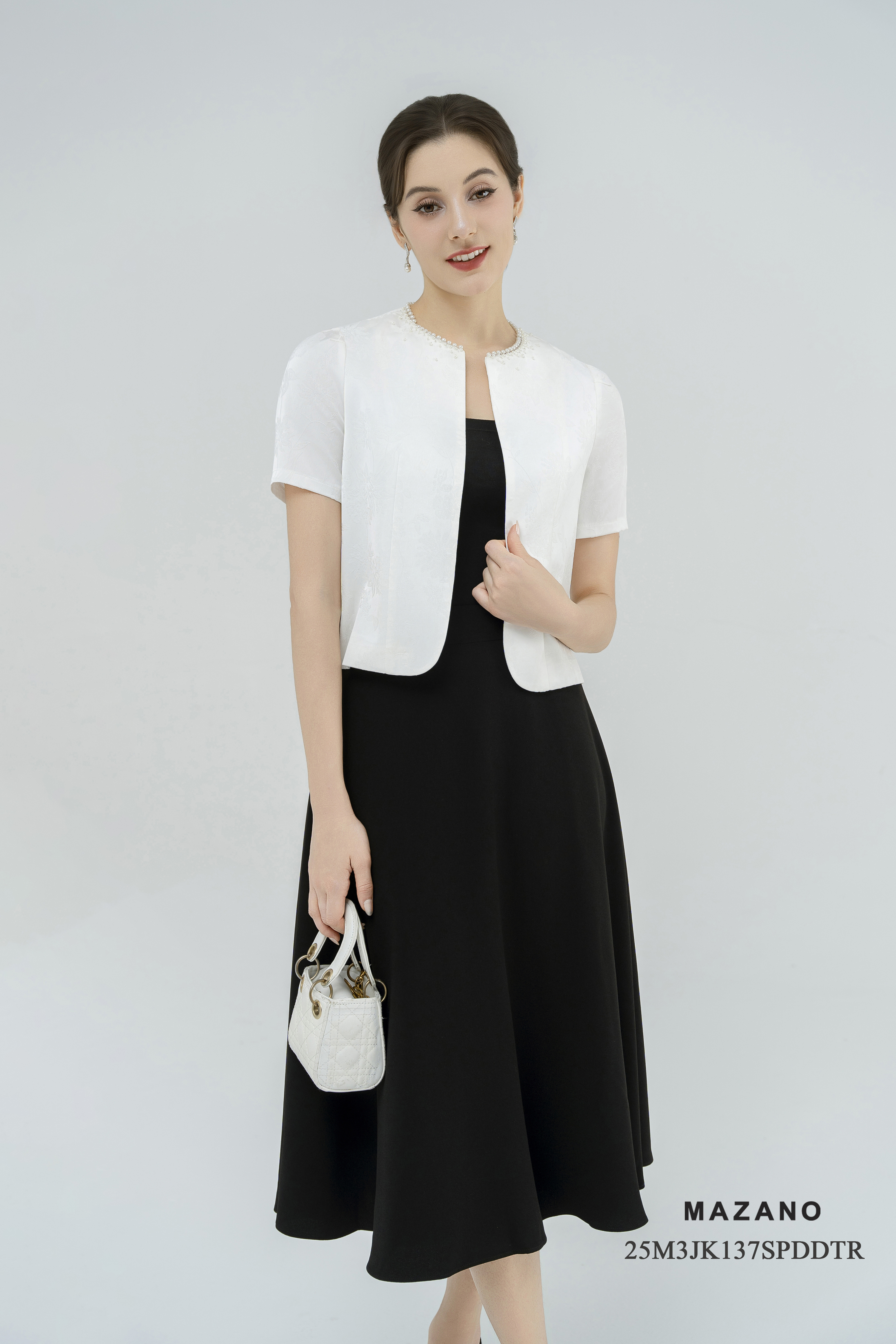 Áo khoác ngắn Suông Vải gấm vân chìm Họa tiết hoa chìm Đính ngọc trai thủ công Dài dưới eo_thumbnail_2