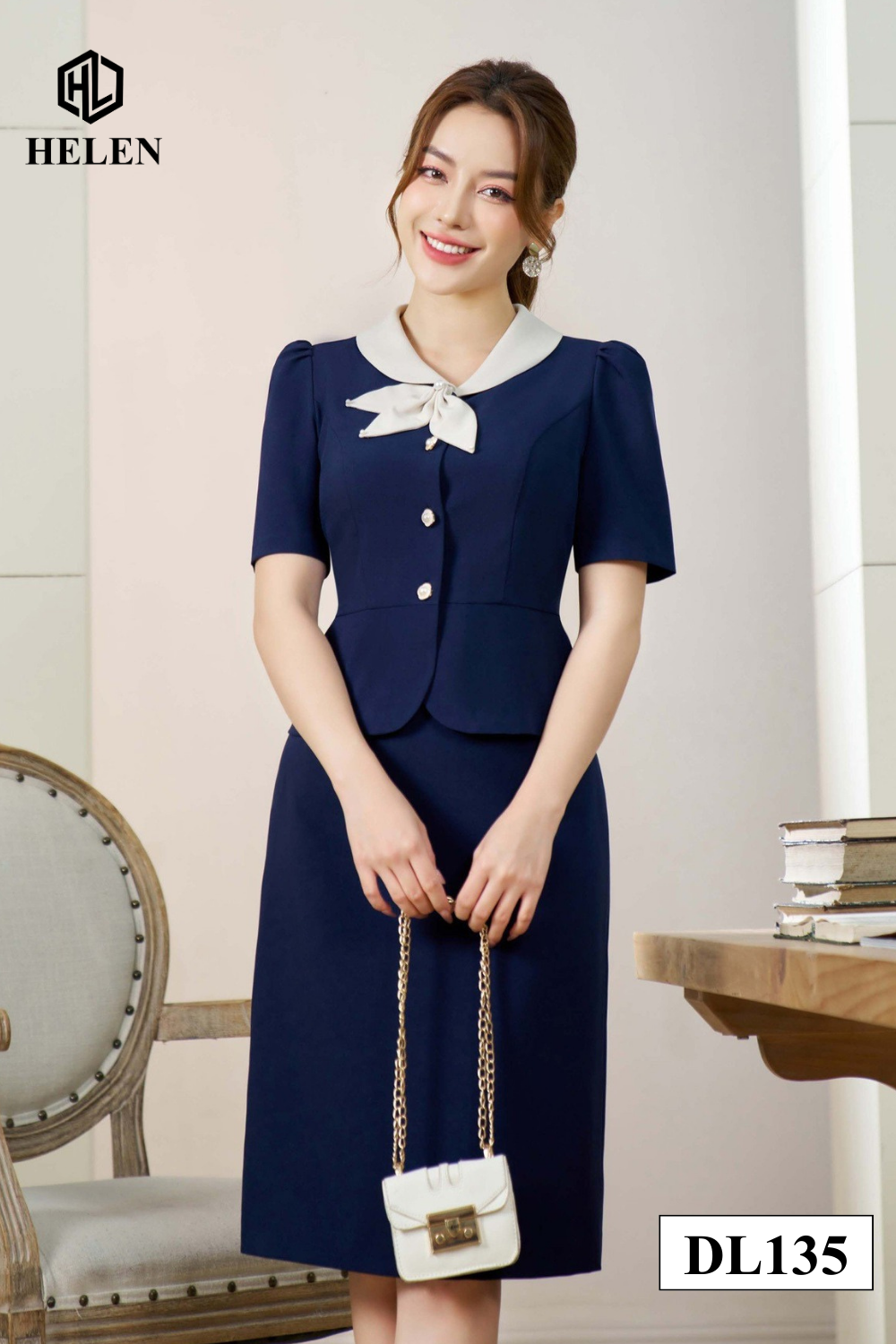 Đầm ôm peplum xanh than cổ phối nơ trắng kem DL135