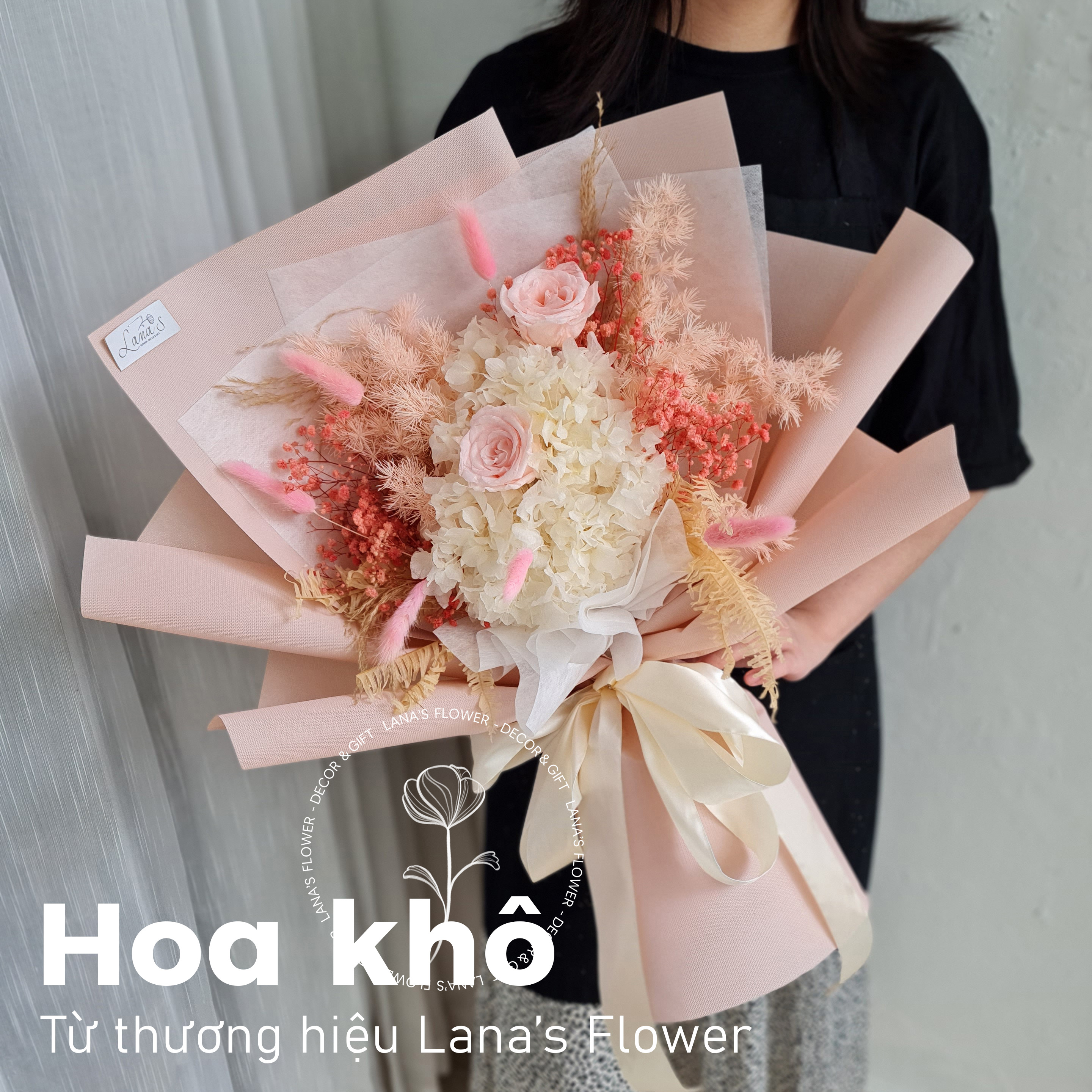Bó hoa khô tone hồng - Size L