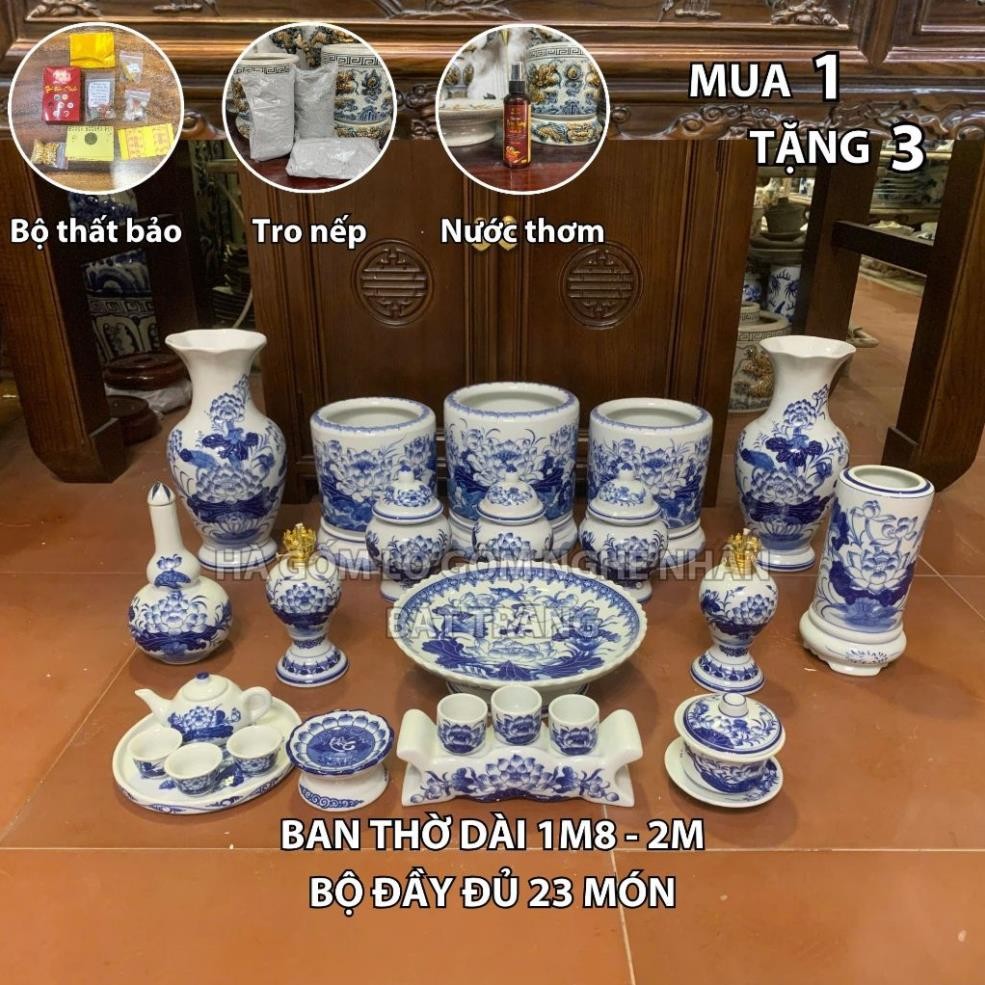 HG349 Đồ Thờ Cúng Bộ 23 món ban thờ 1M8 - 2M men lam nghệ nhân Bát Tràng chế tác TẶNG Thất Bảo, Tro Nếp