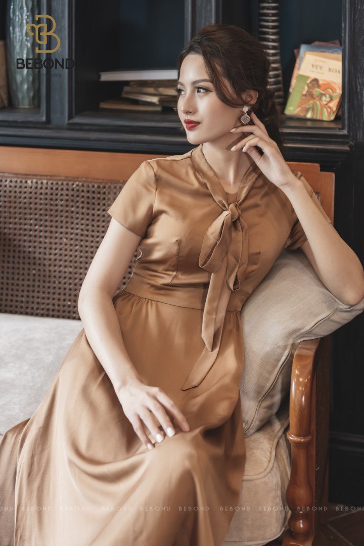 Đầm xòe nơ cổ nâu tây- BALLY DRESS_thumbnail_2