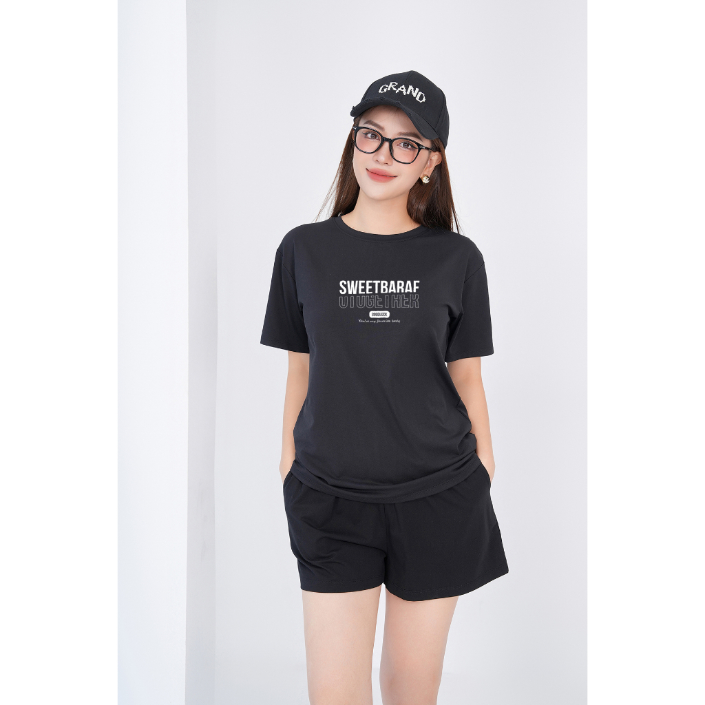 [Form Rộng] Đồ bộ nữ mặc nhà (áo thun dáng rộng + quần đùi) in chữ SWEETBARAF - Set bộ nữ thun cotton LOZA - BR6288