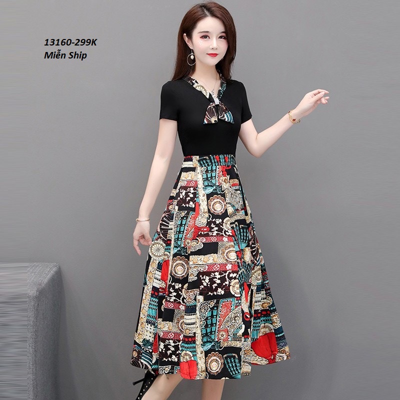 13160-Đầm xòe đen cổ thắt nơ in họa tiết (thun,  voan in )FREESHIP_thumbnail_2