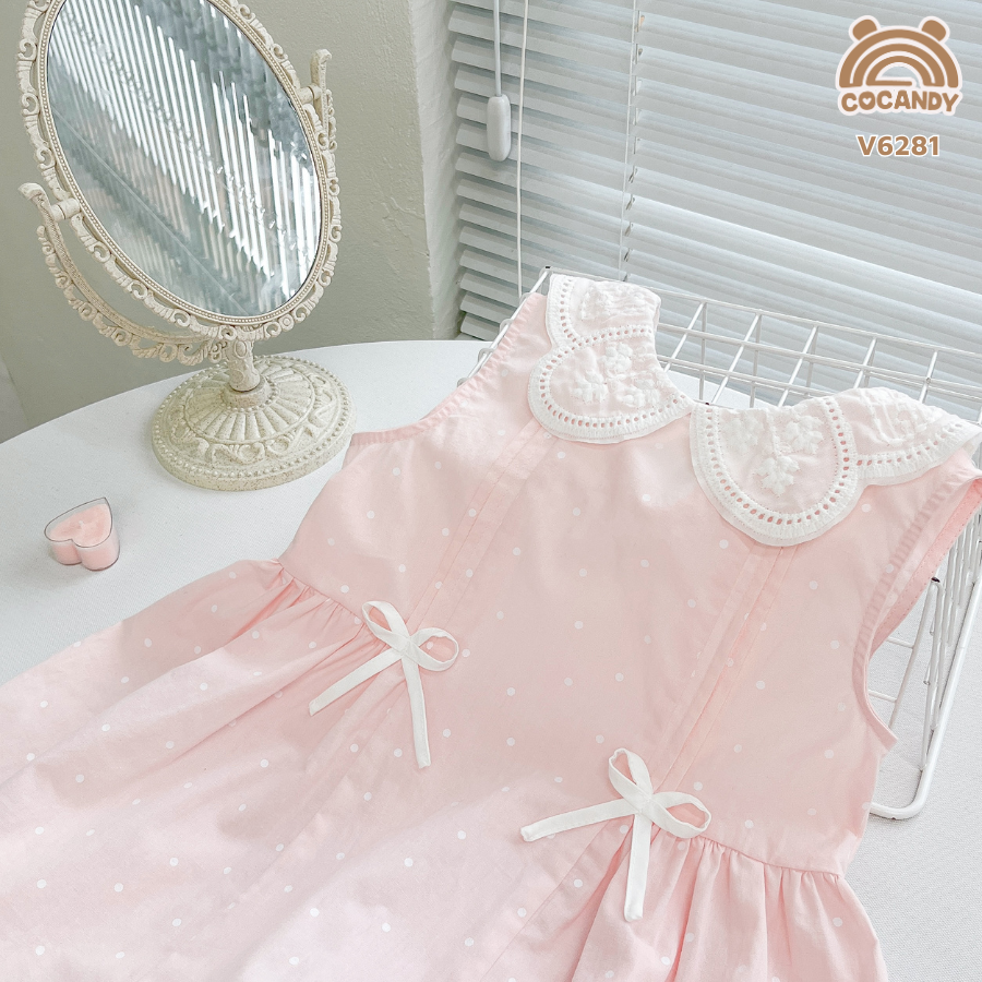 Váy sát nách HỒNG chấm bi nhún phối 2 nơ_thumbnail_3