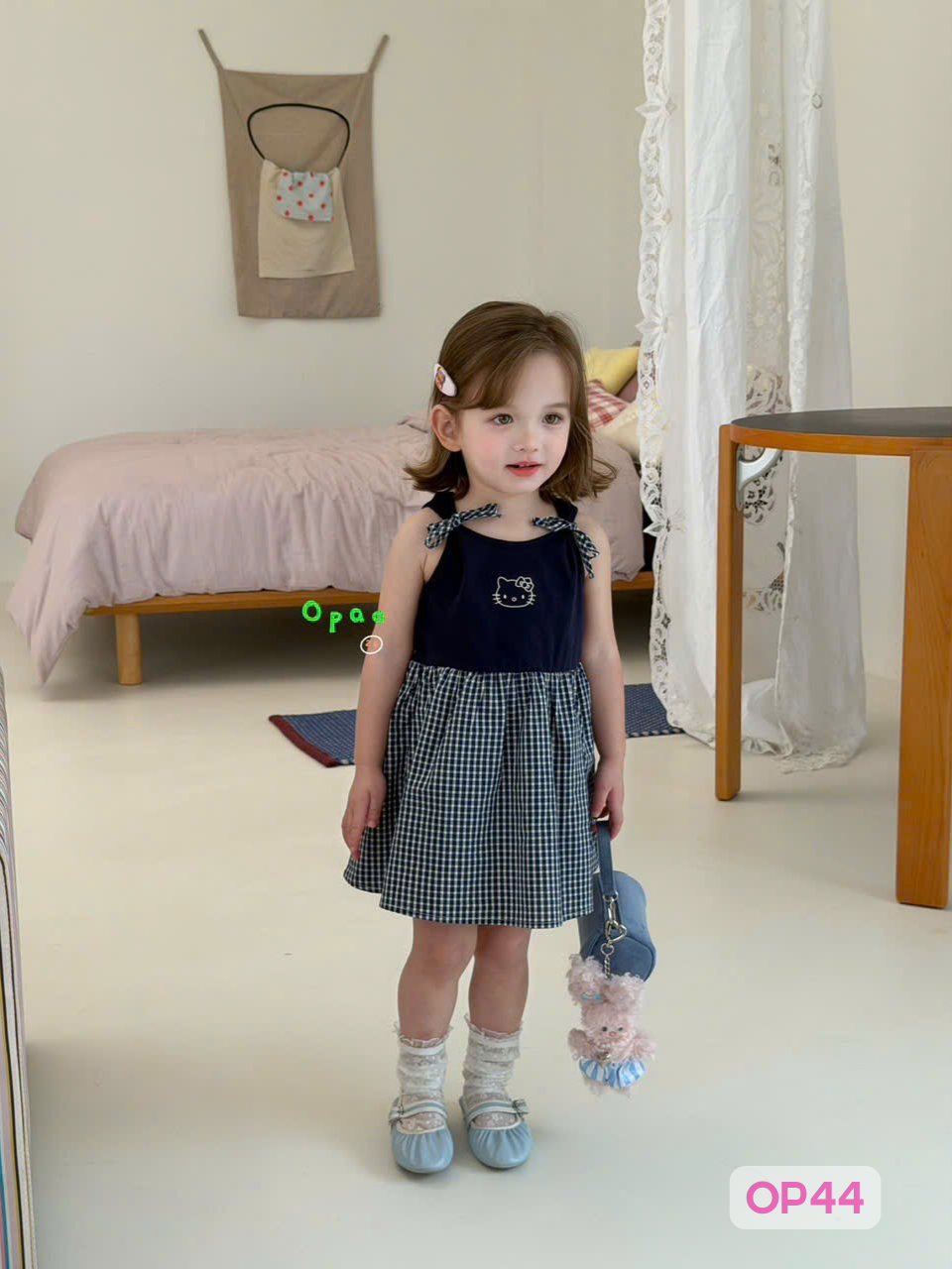 OP44 - Váy 2 dây phối caro xanh thêu hình hãng Opao_thumbnail_0