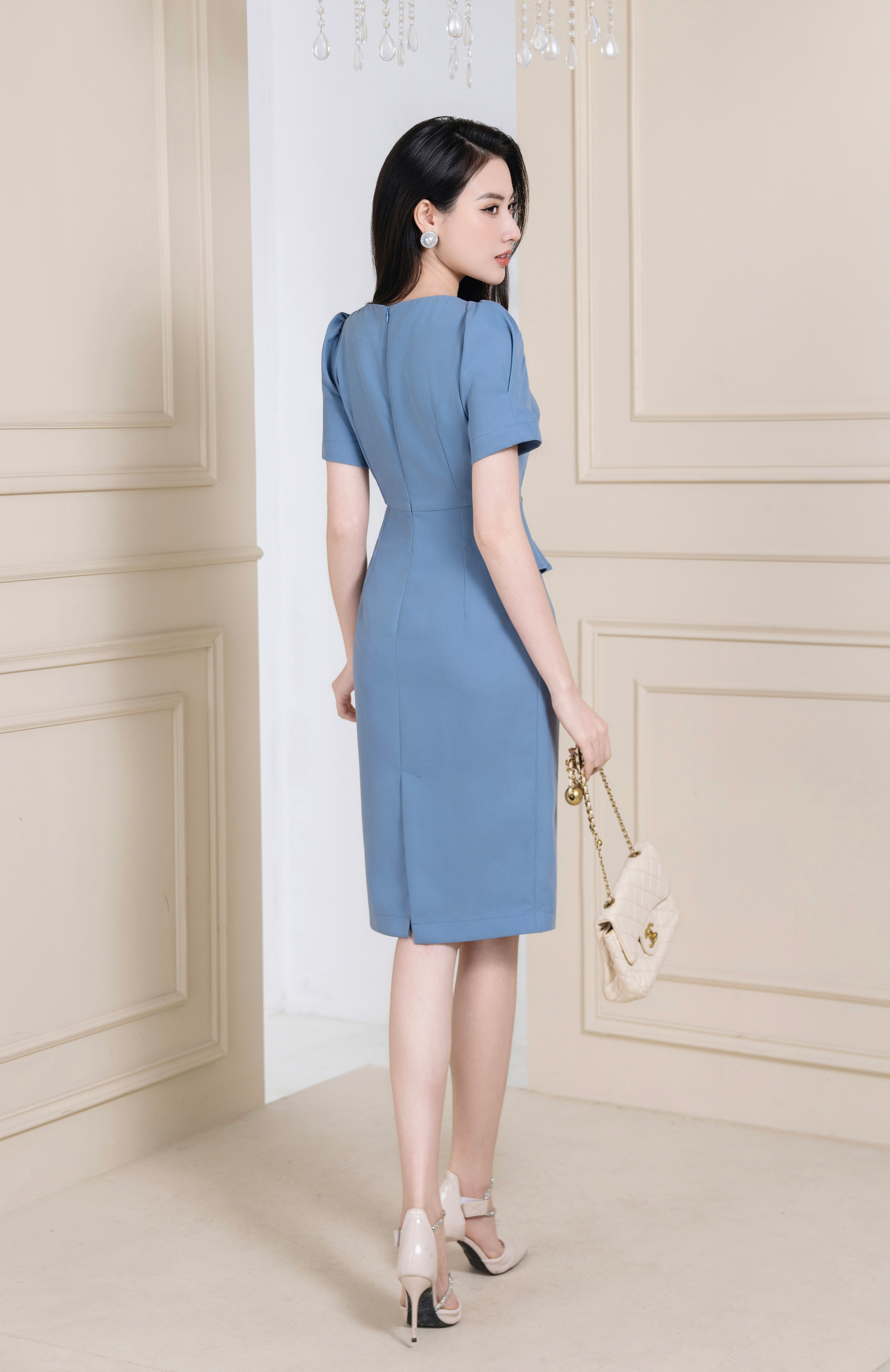 Đầm ôm peplum xanh cổ nơ cách điệu_thumbnail_1