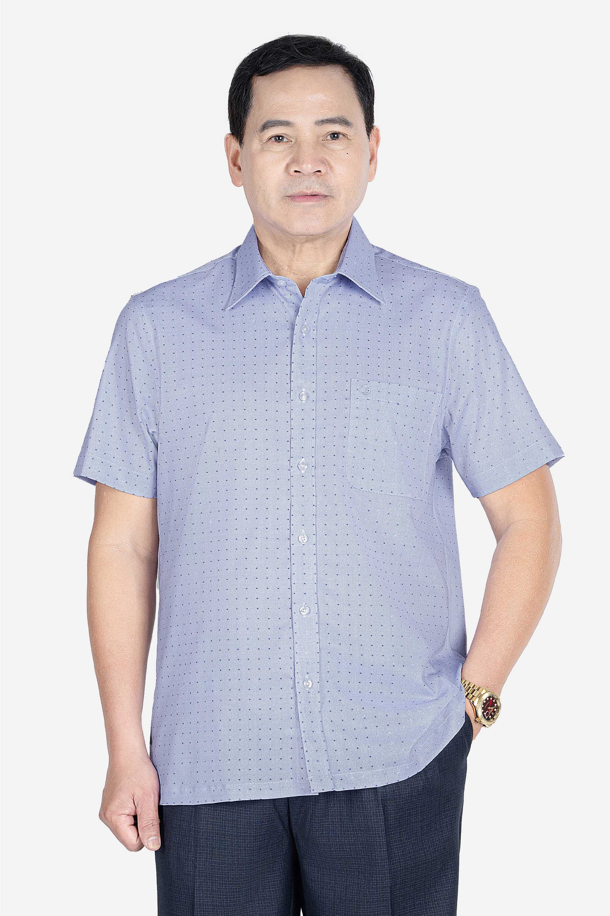 Sơ Mi Cộc Tay Họa Tiết Nam Trung Niên ANCHI Chất Liệu Sợi Sồi Cao Cấp Phom Suông Vạt Ngang Màu Xanh Nhạt