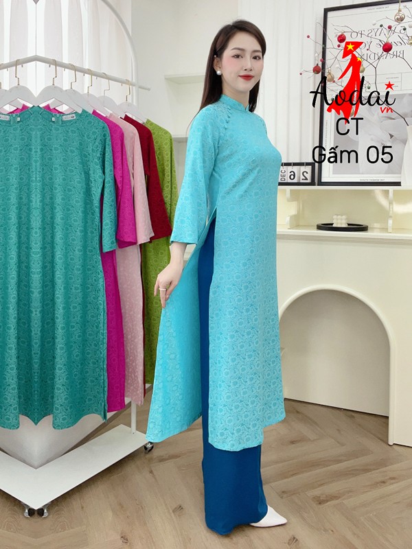 Cách tân Gấm 05 màu xanh Pastel cổ cao 2cm tay lỡ dáng suông