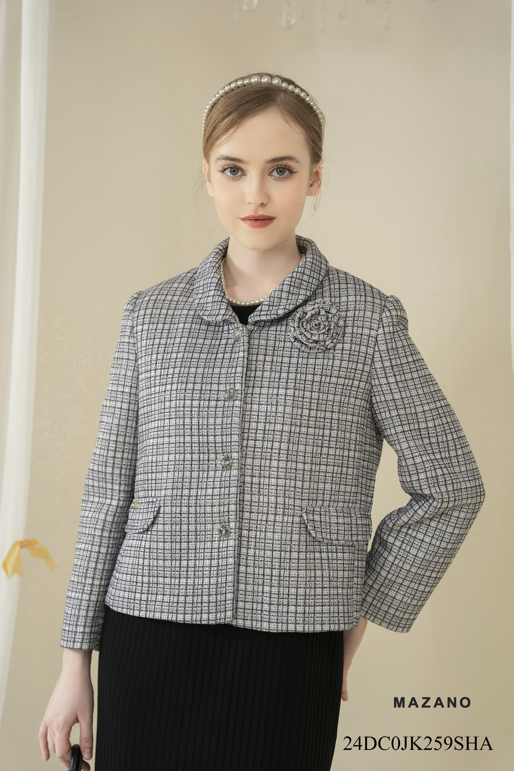 Áo khoác ngắn Suông Vải dạ tweet kẻ - Dài dưới eo  JK259SHA_thumbnail_2