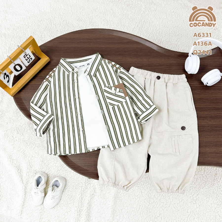 Áo dài BE sọc XLÁ túi ngực phối NÂU_thumbnail_0