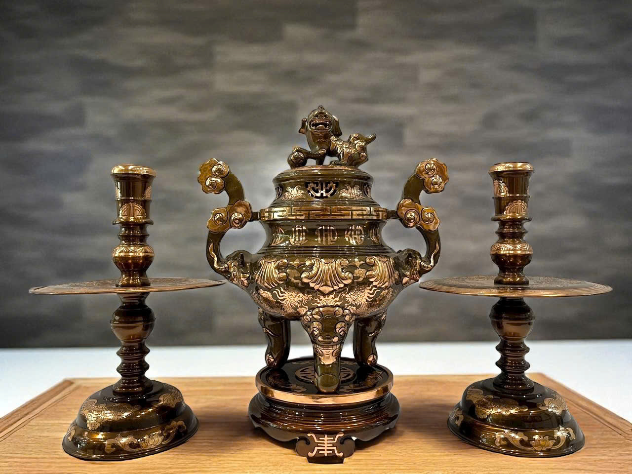 Bộ ngũ sự cao 50cm đúc đồng đỏ hoa văn sòi cạo màu hoa văn _thumbnail_3