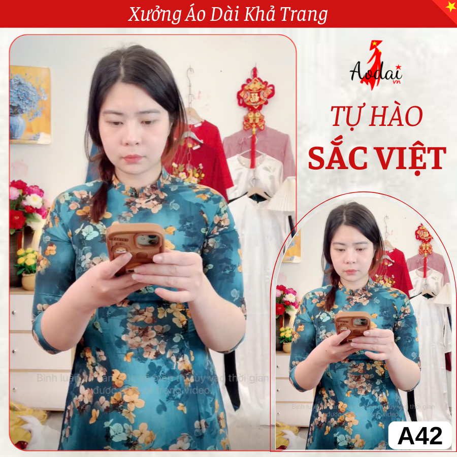 A42 Áo Dài  Lụa Mịn Xanh Hoa Nhí Sang Trọng Thiết Kế Cổ Cao 2cm Tay Lỡ