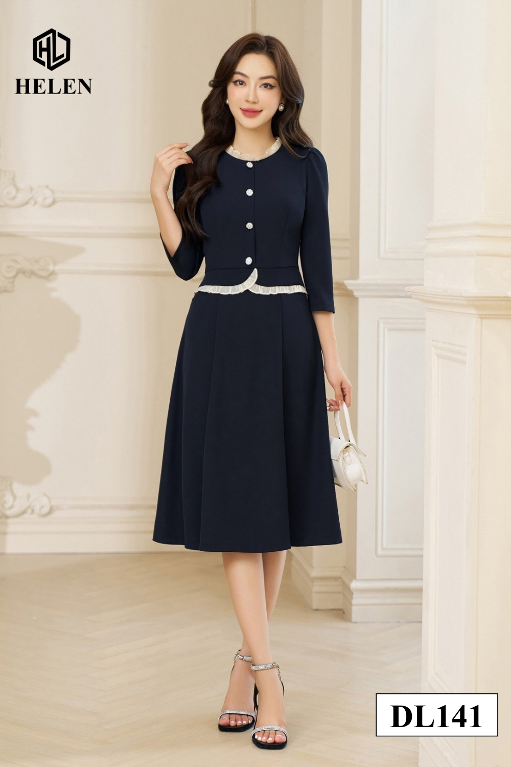 Đầm xòe xanh peplum cổ nhún trắng đính cúc ngực DL141