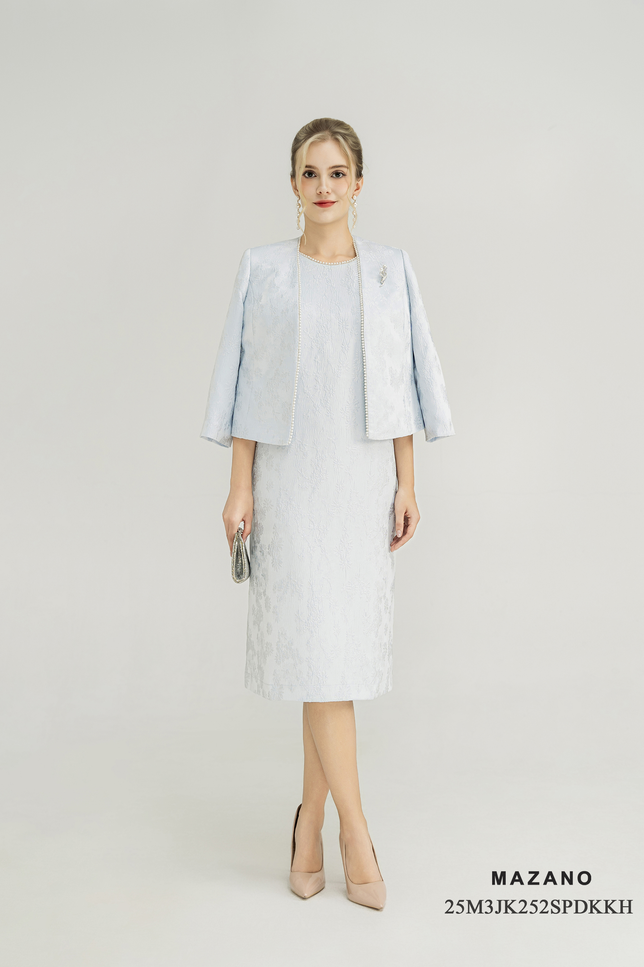 Áo khoác ngắn Suông Vải tafta gấm Họa tiết hoa chìm 3D Đính trang trí ngọc trai Dài dưới eo