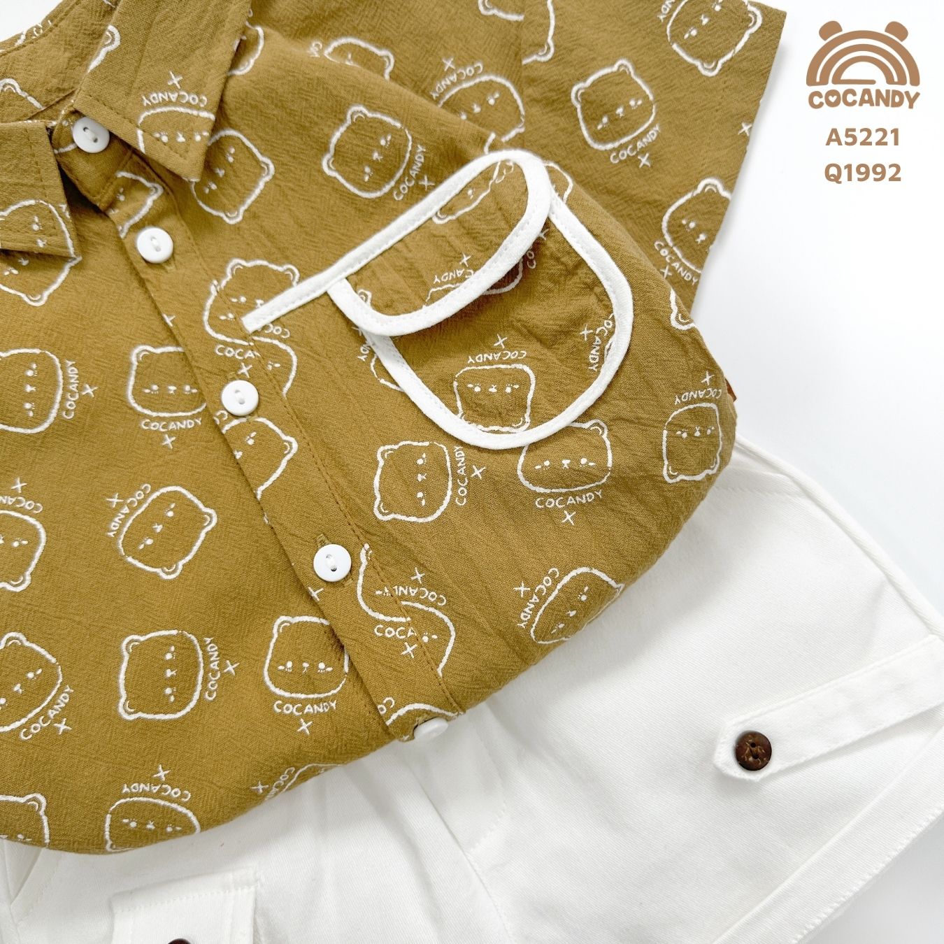 Áo cộc NÂU gấu túi ngực viền TRẮNG_thumbnail_2