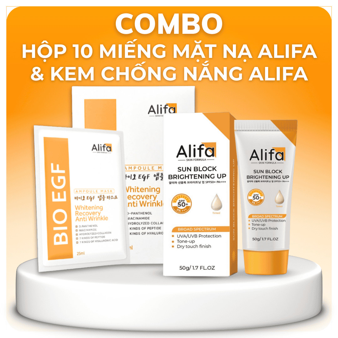 Combo dưỡng da - Bao gồm Hộp 10 Mặt nạ dưỡng ẩm, phục hồi da Alifa BIO EGF 25ml và Kem chống nắng cho mặt Alifa 50g_thumbnail_0