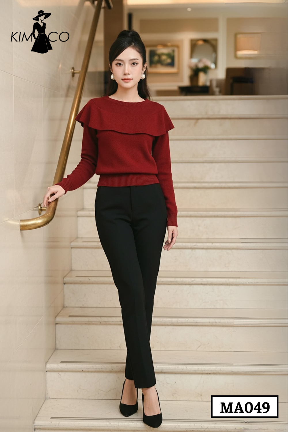 Áo Len Đỏ Mận Phối Bèo Vai - MA049