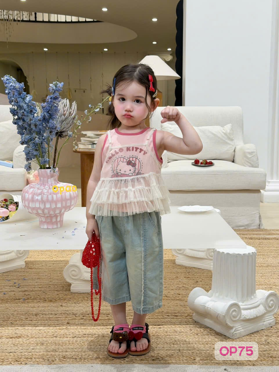 OP75 - Áo thun sát nách in hình phối lưới bèo hồng hãng