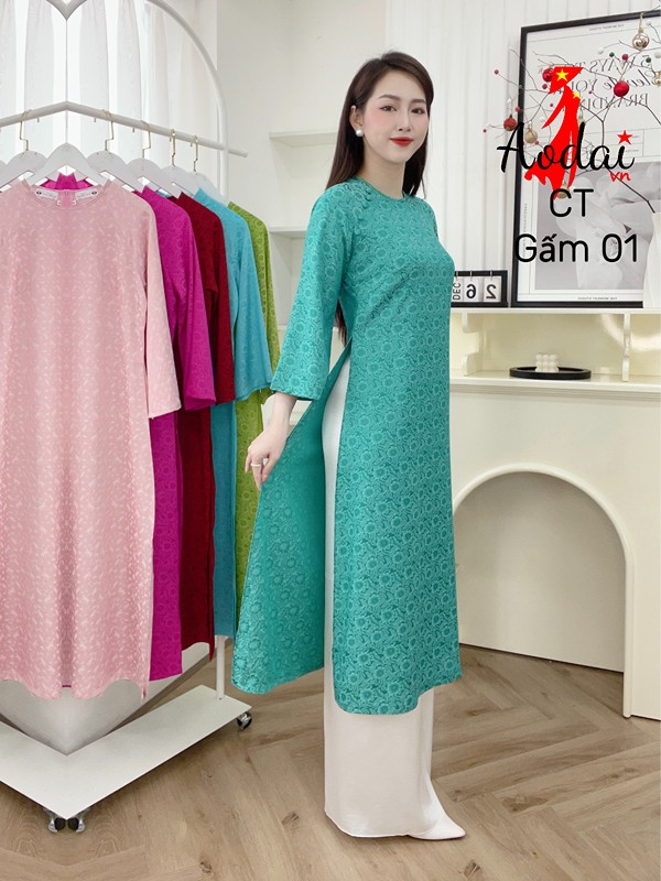 Cách tân Gấm G01 cổ tròn tay lỡ dáng suông màu xanh ngọc