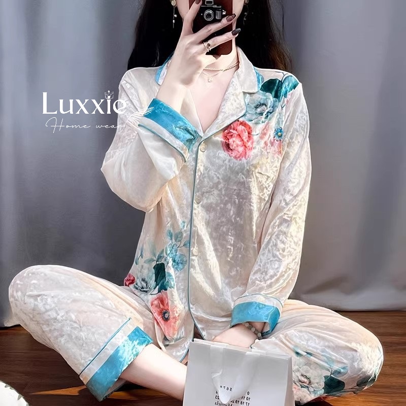 NHUNG06  Pijama vải nhung hoa hồng viền xanh_thumbnail_3