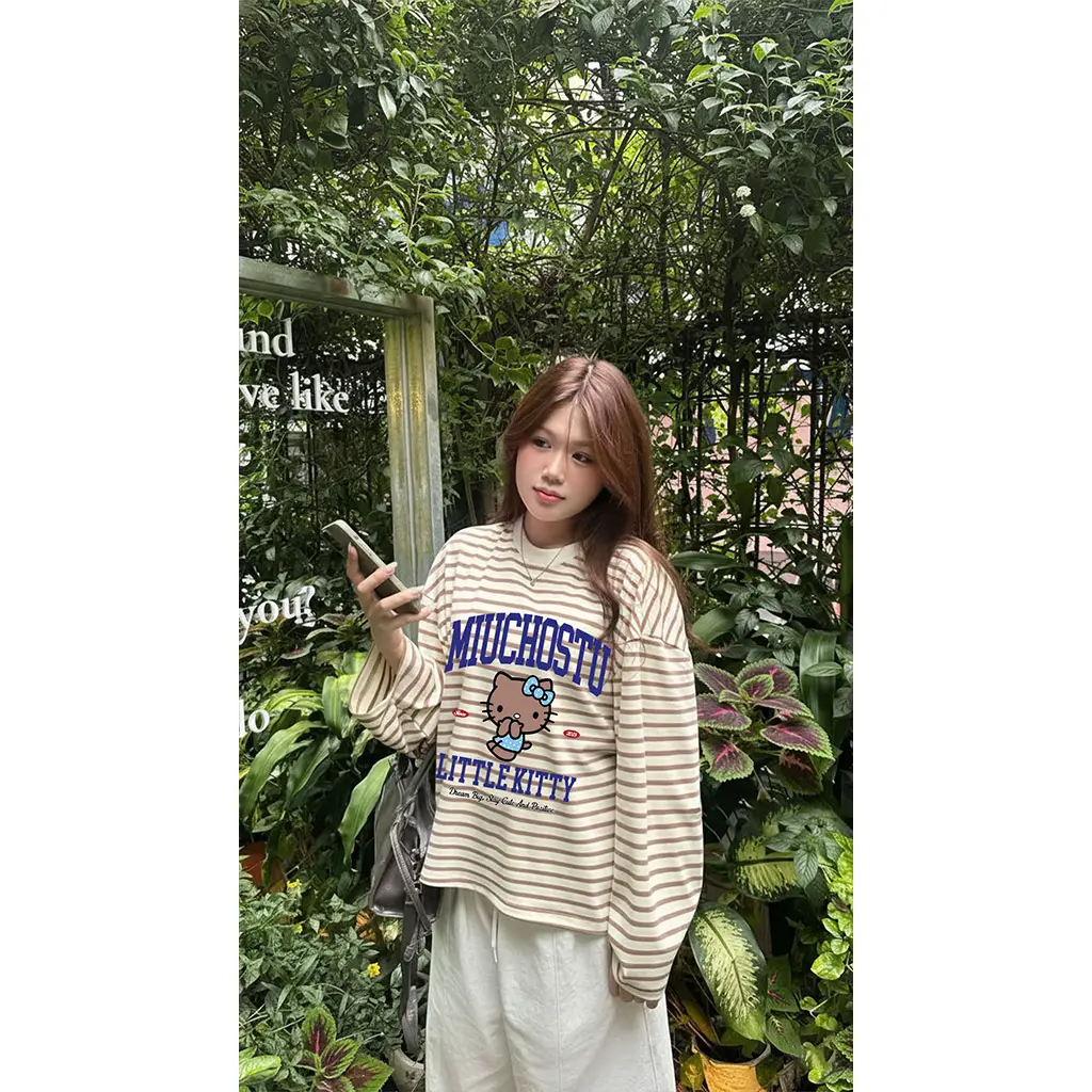 Áo thun boxy nữ tay dài Miucho vải bo rip thoáng mát cổ tròn Kitty đáng yêu in mix 2697_thumbnail_6