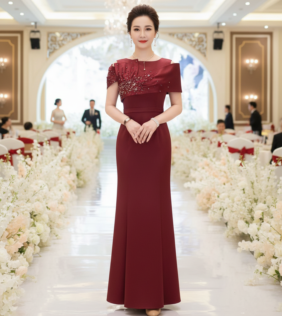 Đầm dự tiệc dạ hội đuôi cá kiểu nơ vai đính đá cao cấp_thumbnail_1