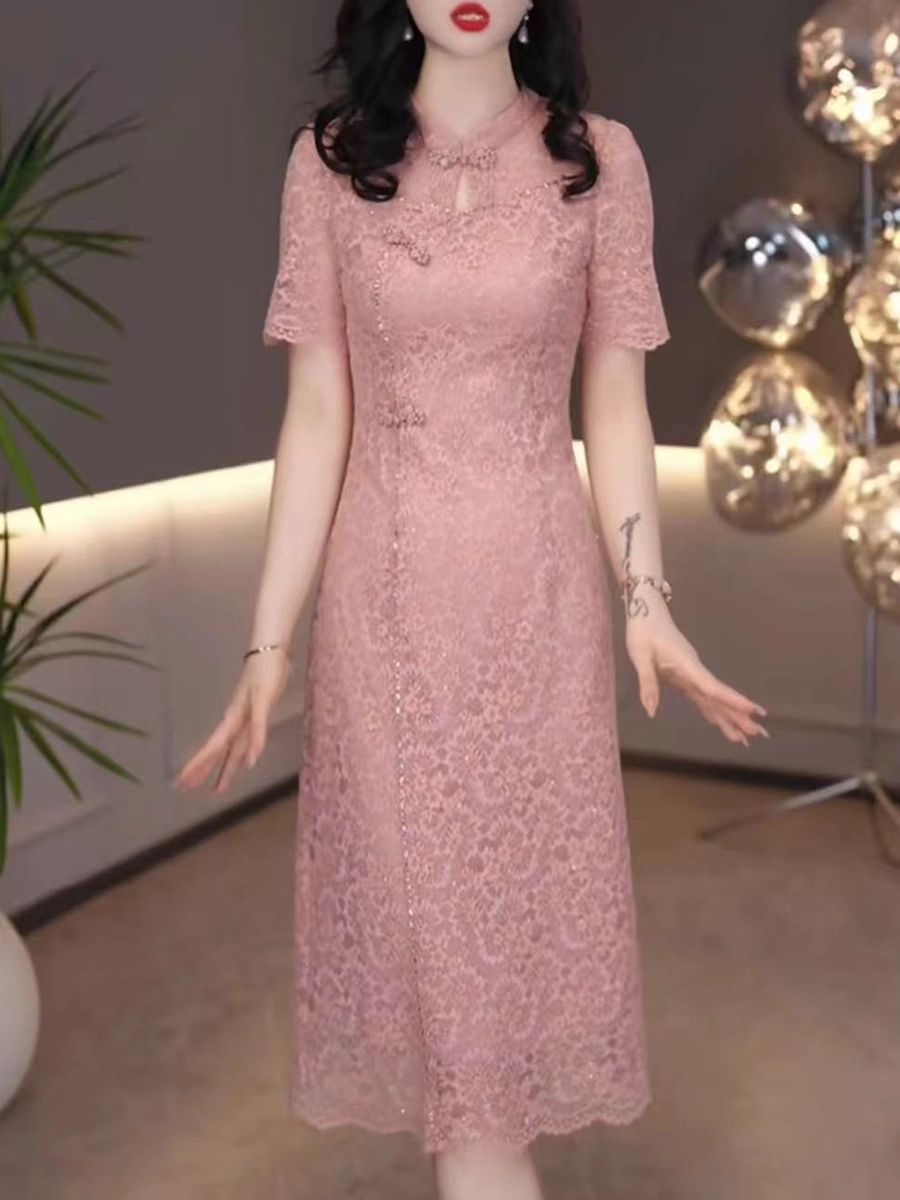 18018-Đầm suông ren hồng  phối cổ tàu  cách điệu ( ren,lót)_thumbnail_1