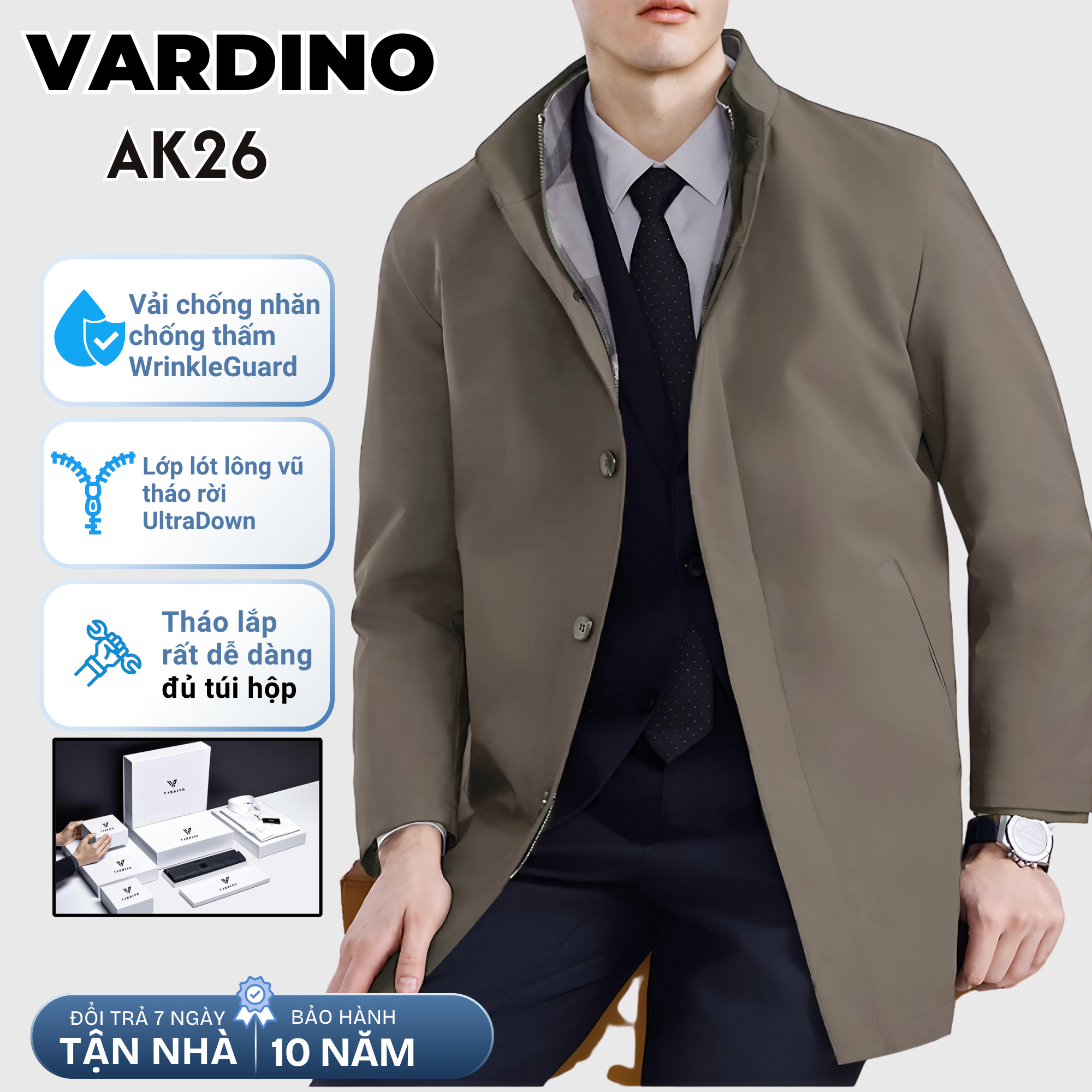 Áo khoác mangto nam công sở Vardino AK26 lót lông vũ tháo rời