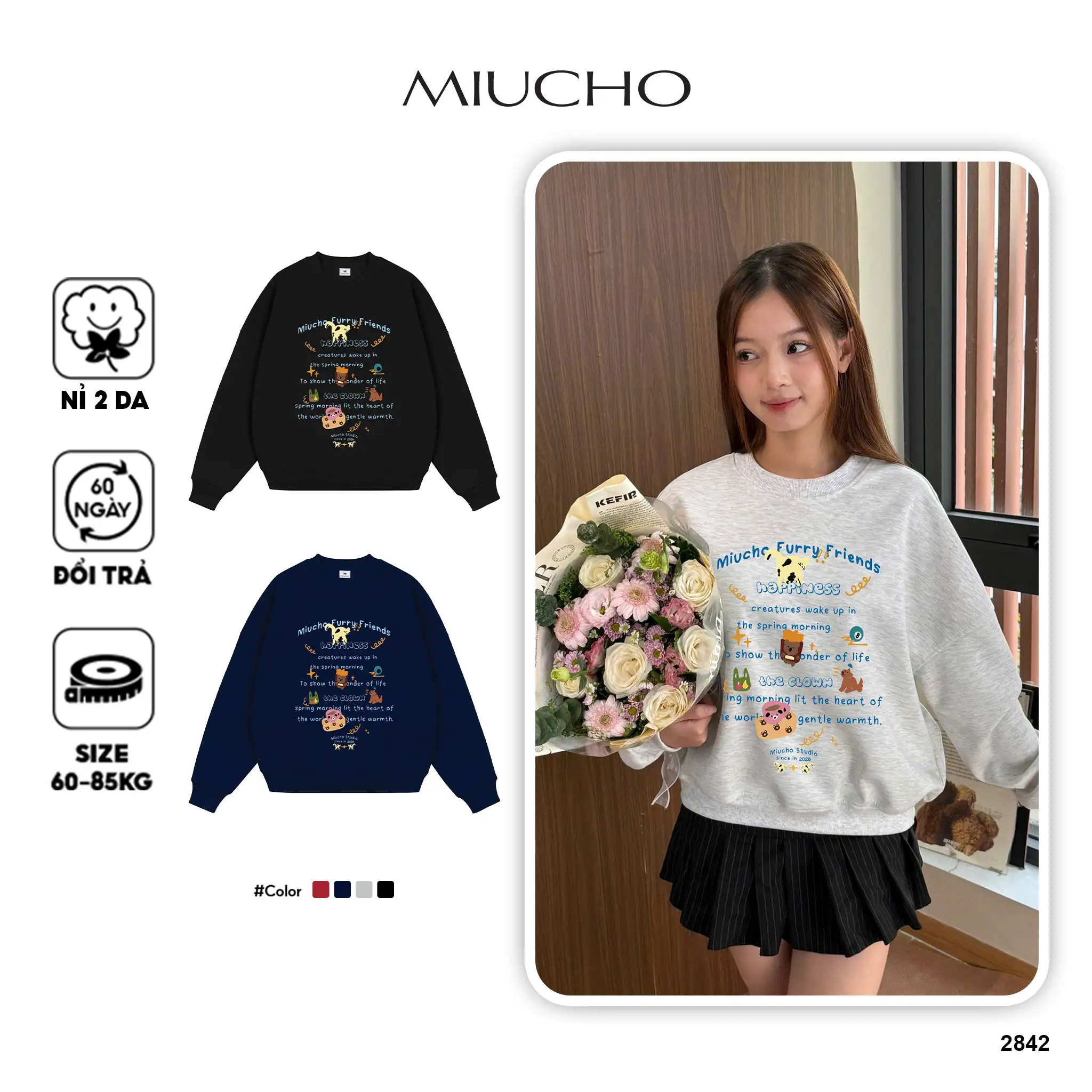 Áo Sweater boxy nam nữ Miucho vải nỉ 2 da thoáng mát thoải mái hoạt hình in mix 2842