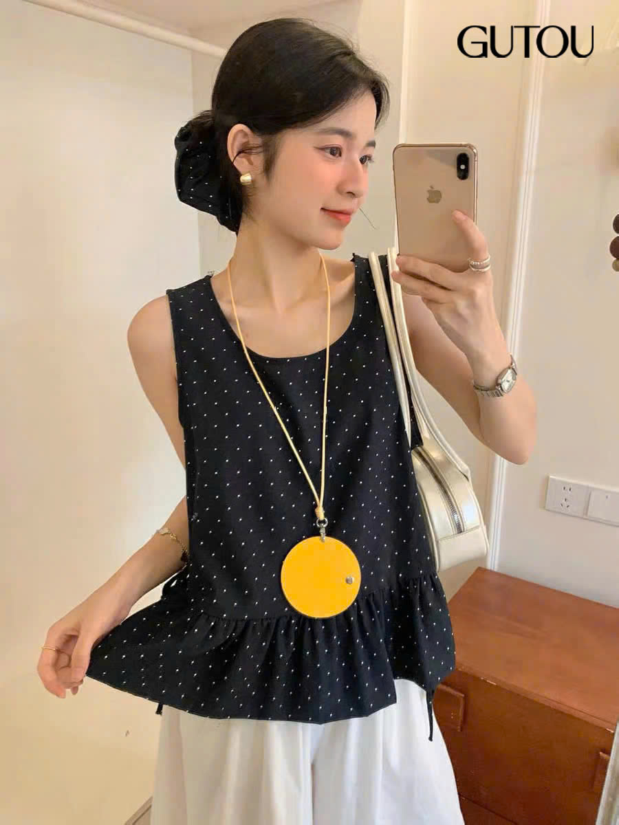 [ GUTOU ] Áo Chấm Bi Phối Bèo+Scrunchie