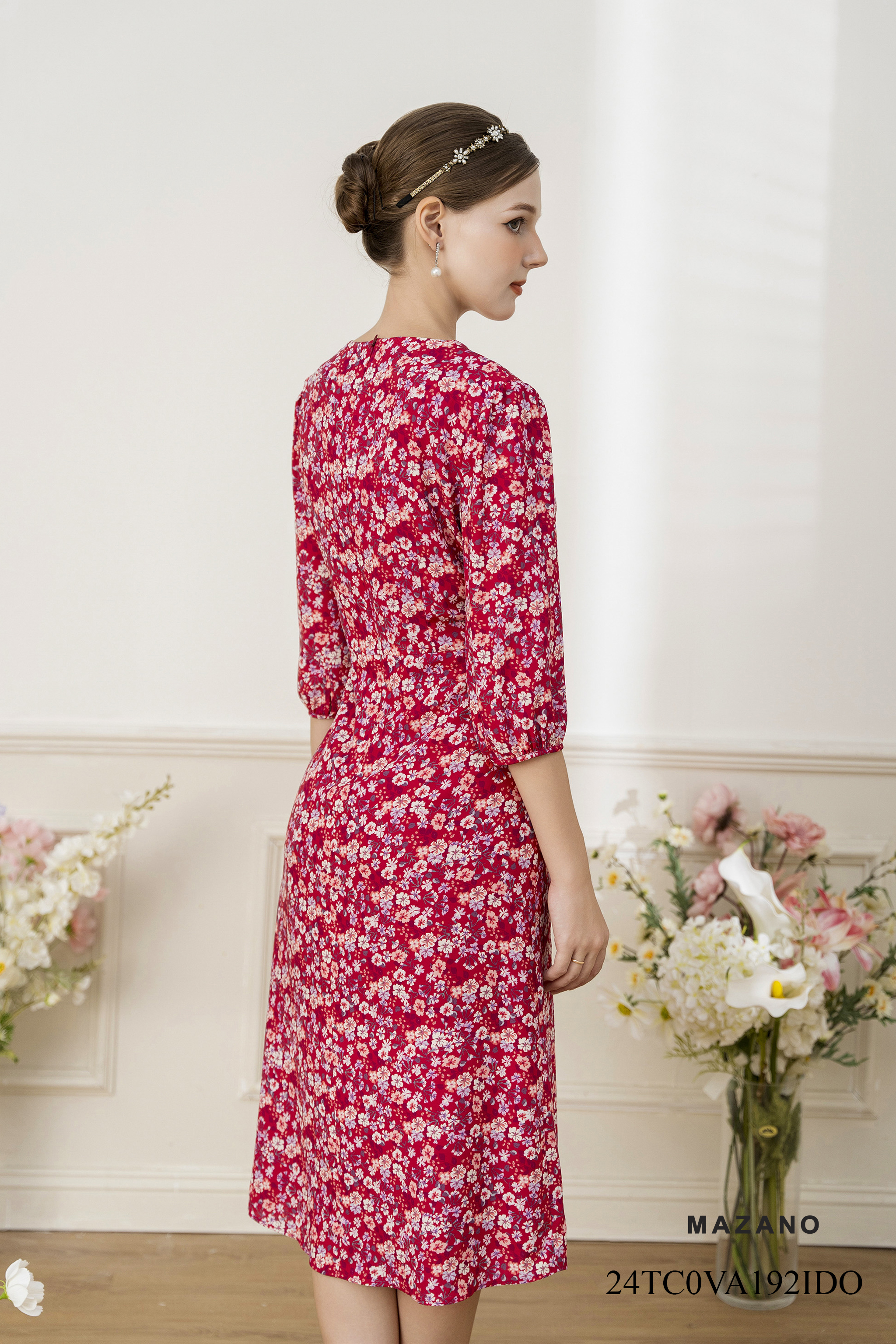 Váy Đầm ôm Chân rủ Vải voan Hoạ tiết hoa cách điệu Cổ tròn tay lỡ Dài qua bắp chân  192IDO_thumbnail_4