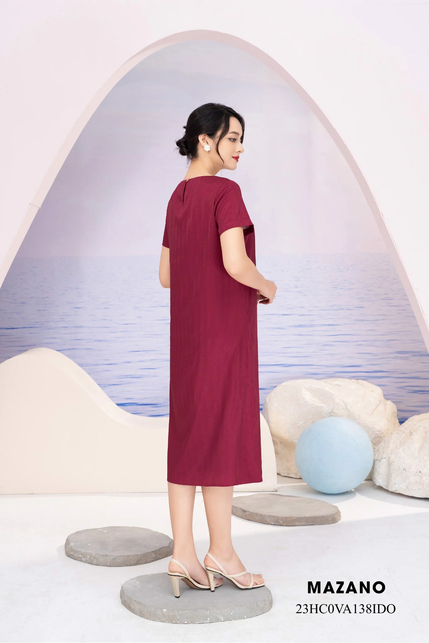 Váy Đầm suông A Vải lụa mỏng Hoạ tiết hoa bố cục Cổ tròn Tay ngắn Dài ngang bắp chân_thumbnail_4